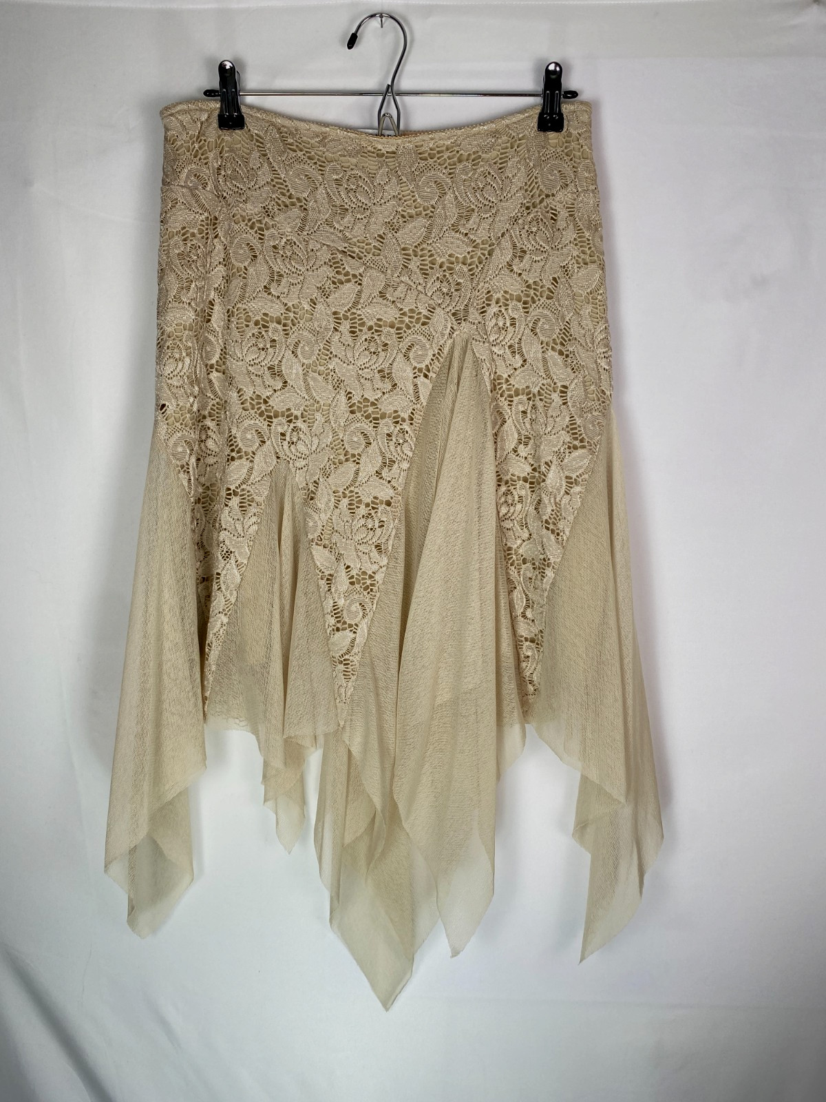 Casadei 90&rsquo;s Lace Mesh Midi Skirt Sz L Beige Cream Asymmetrical Fairy Boho Retro