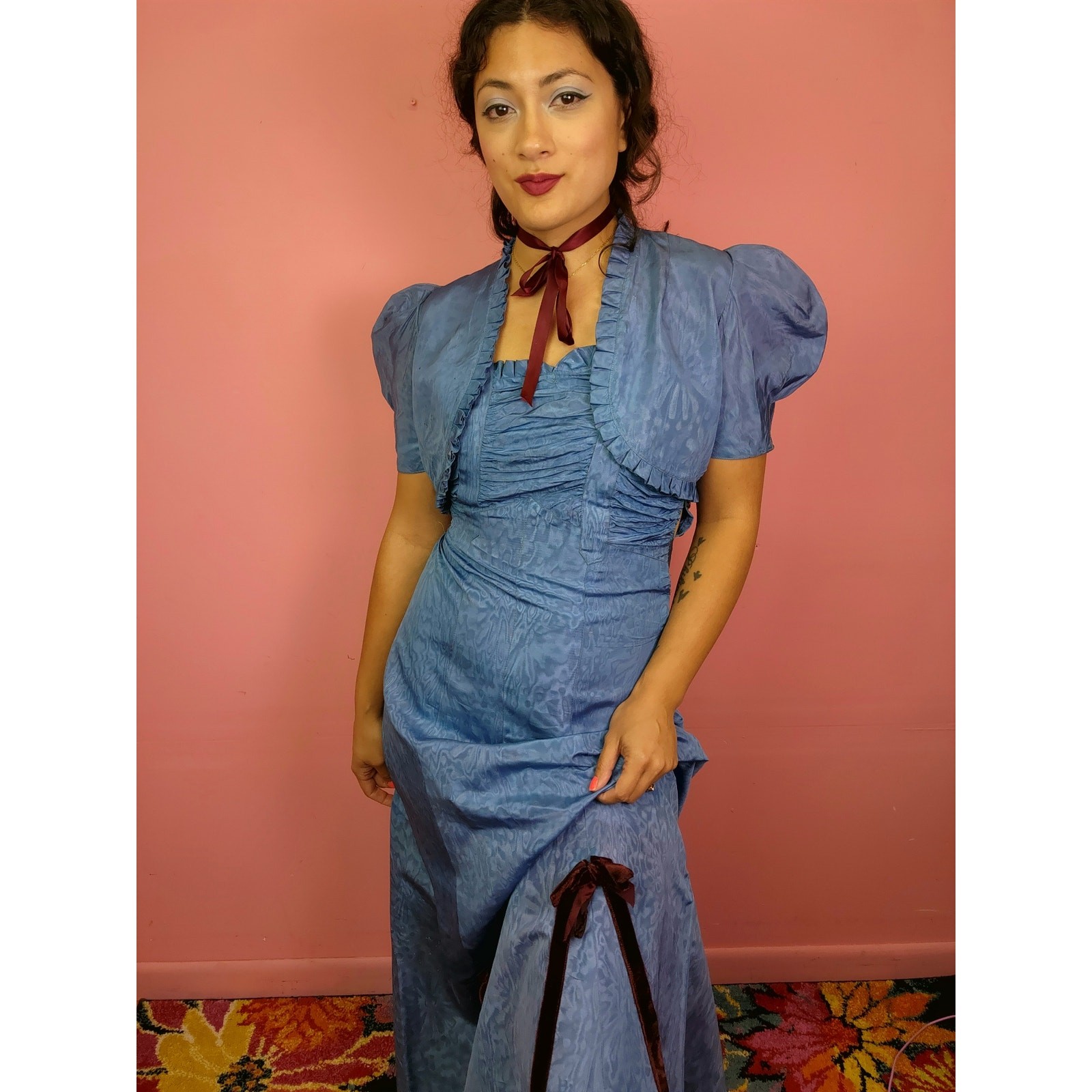 Antique 1930&rsquo;s Moiré Satin Gown and Bolero Cornflower Blue Burgundy Velvet Bows
