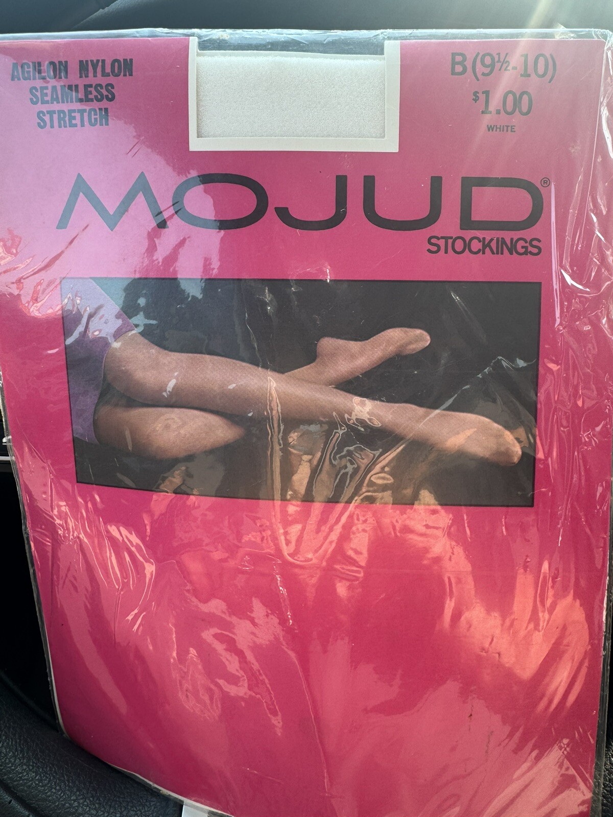 Mojud Seamless Mesh Agilon Nylon Stockings Sz 9 1/2-10 Long Color White 1960s