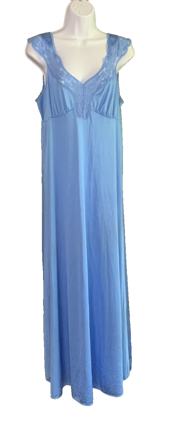 Vtg Vanity Fair Nightgown Long Blue Silky Nylon Lace Wide Strap V Neck USA Sz M