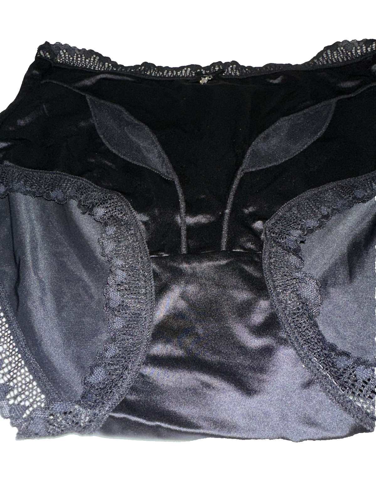 ~Shiny Large Black With Gem Nylon Lace Blended Panties W/Bow Cotton Gusset New