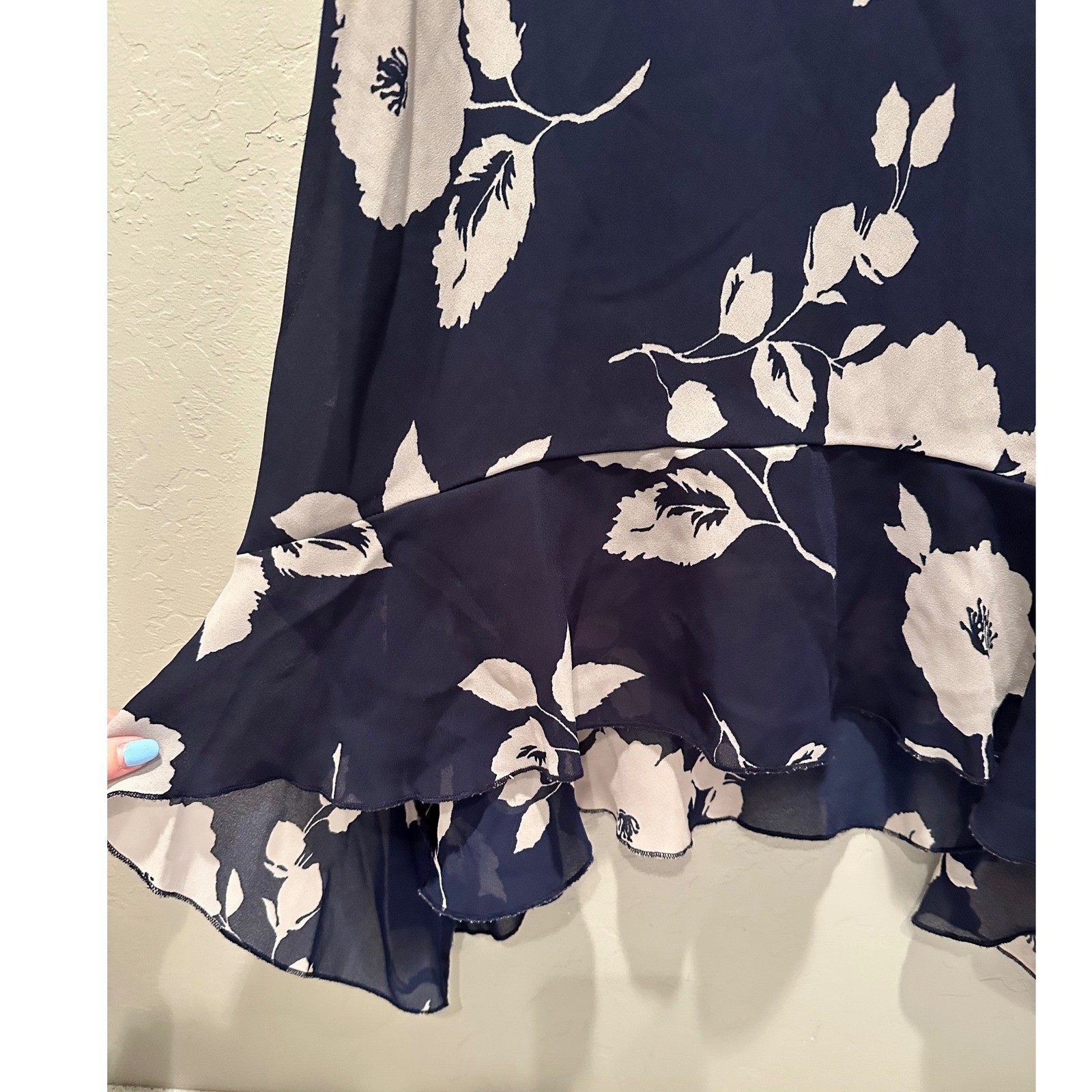 Jonathan Martin Vintage Navy Blue White Floral Handkerchief Midi Skirt Small