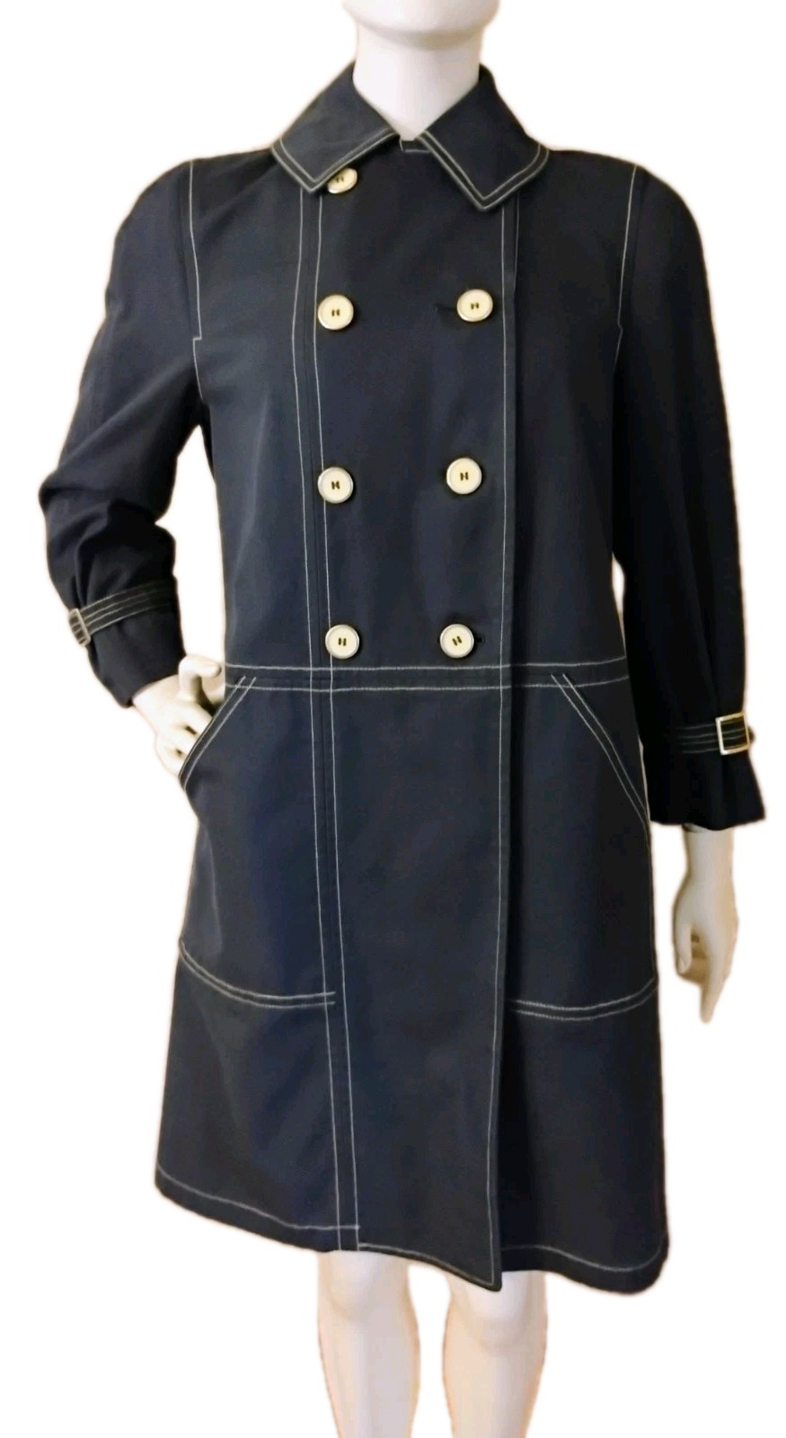 VTG MOD 60&rsquo;s « Misty Harbor » Navy Trench Coat/White Stitching Detail size 12P