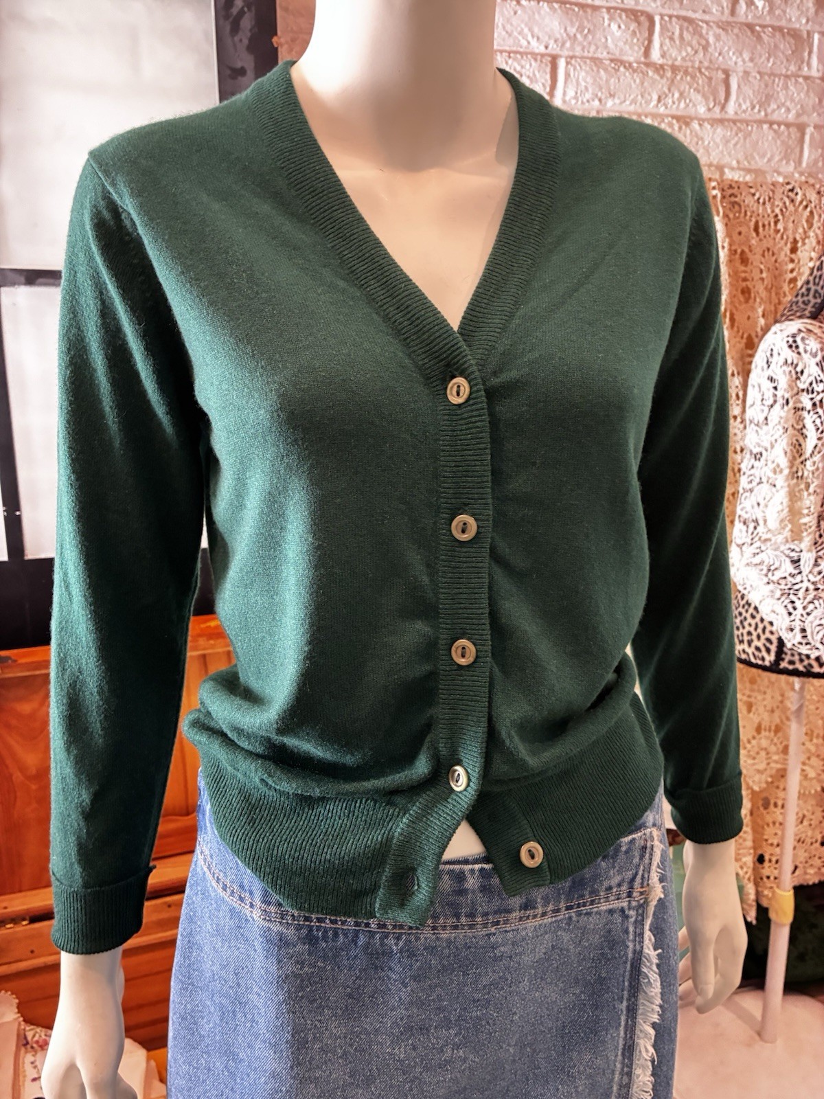 Vintage Harrods Wool Cashmere Blend Cardigan Dk Green S
