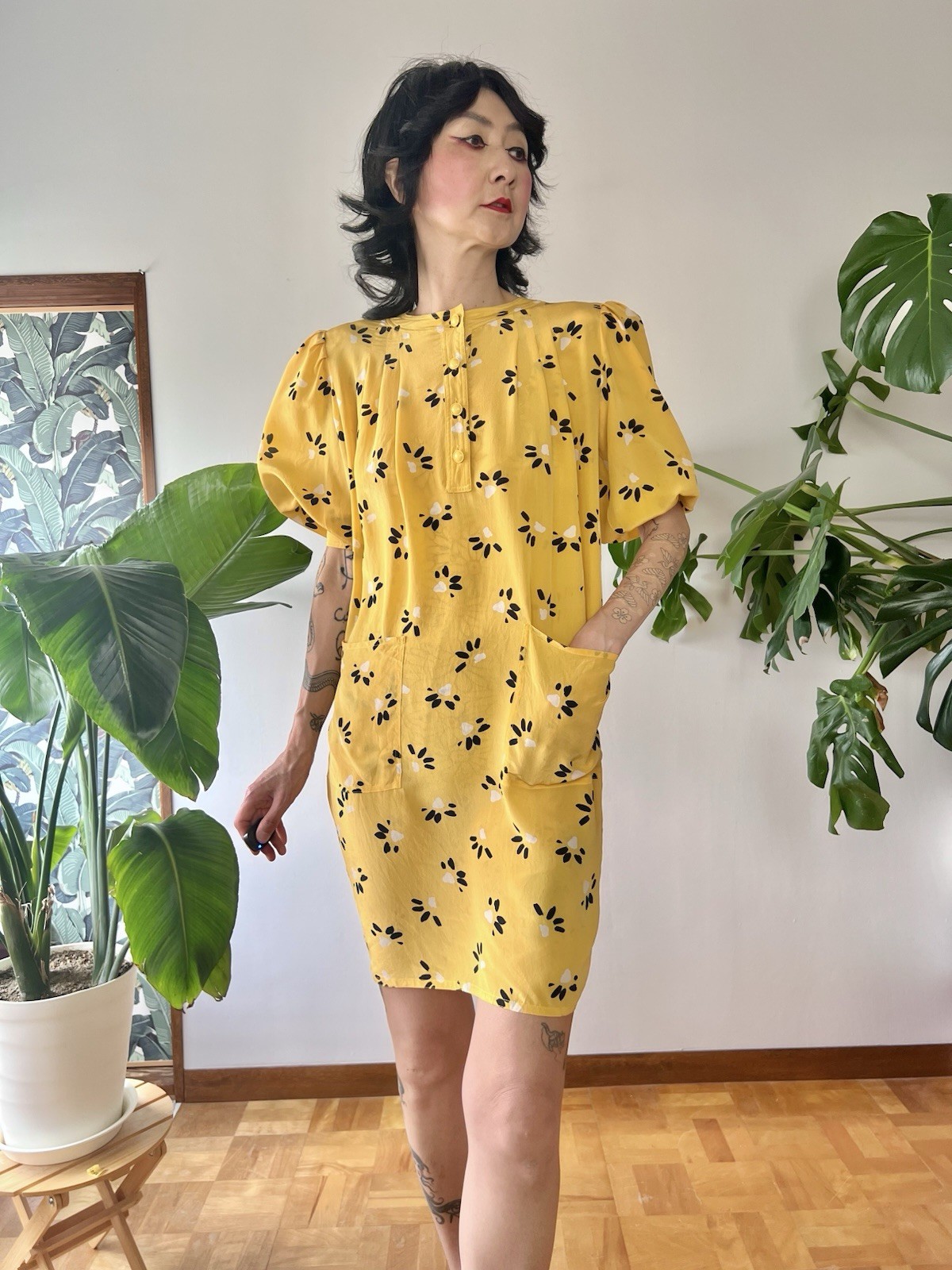 Vintage 80s Ungaro Solo Donna Italy Silk Puff Sleeve Mini Dress Yellow XS-M
