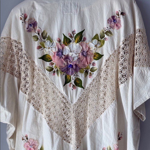 Vintage 2 Piece Ana Rosa Handpainted Floral Gauzy Maxi Dress Jacket One Size