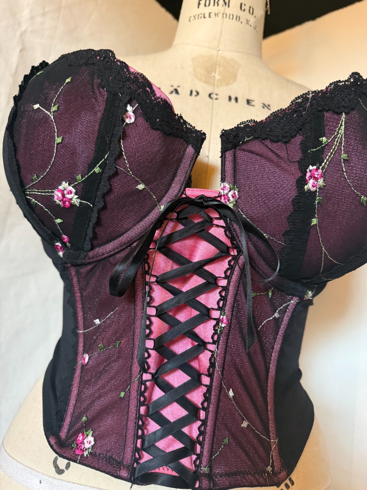 LACE FRONT CORSET BUSTIER « ENCHANTED » SHEER BLACK NYLON w EMBROIDERED CUPS 42DD