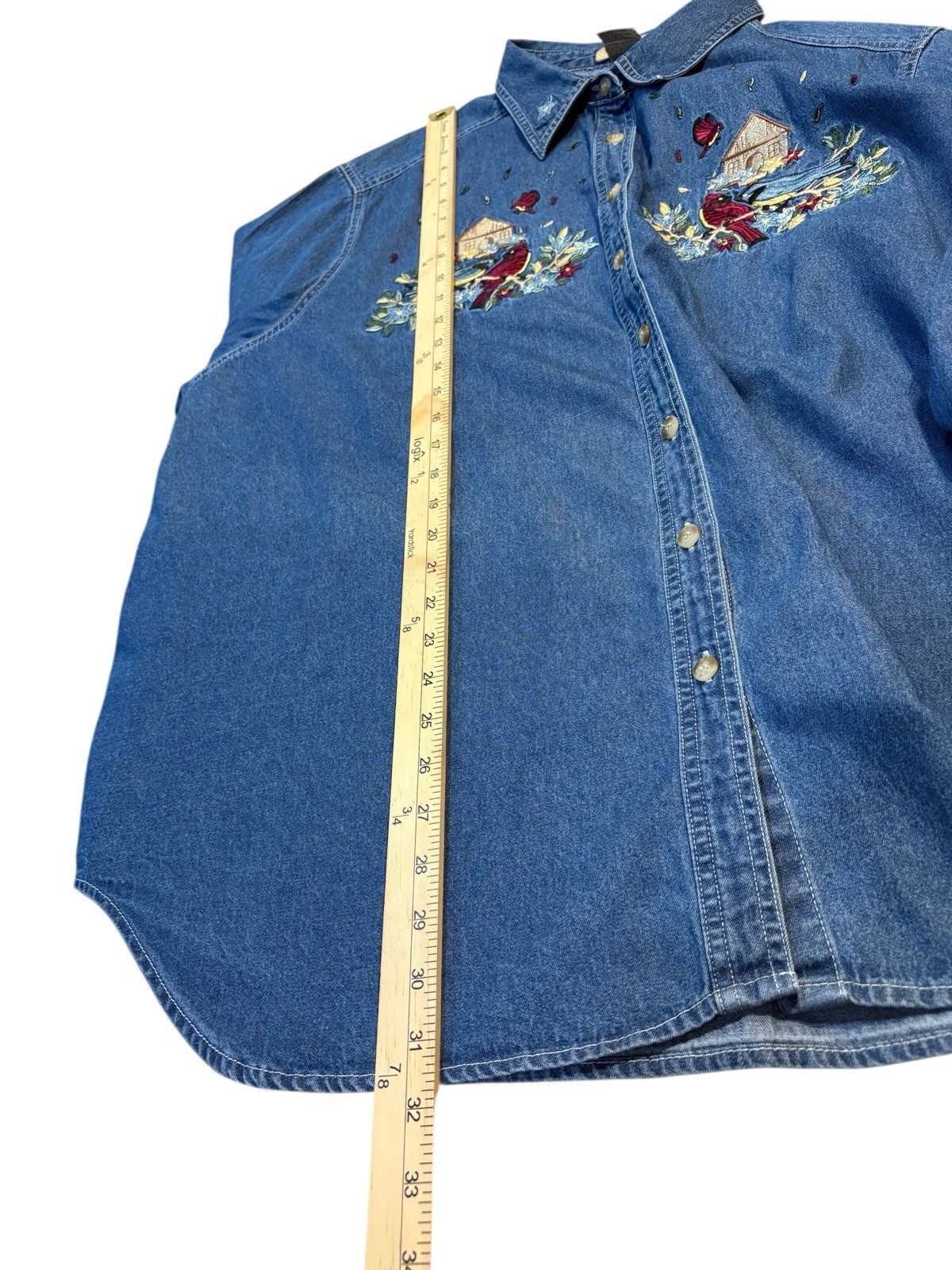 Vintage Just My Size 100% Cotton Denim Blouse 26W/28W Birds Flowers Cottagecore