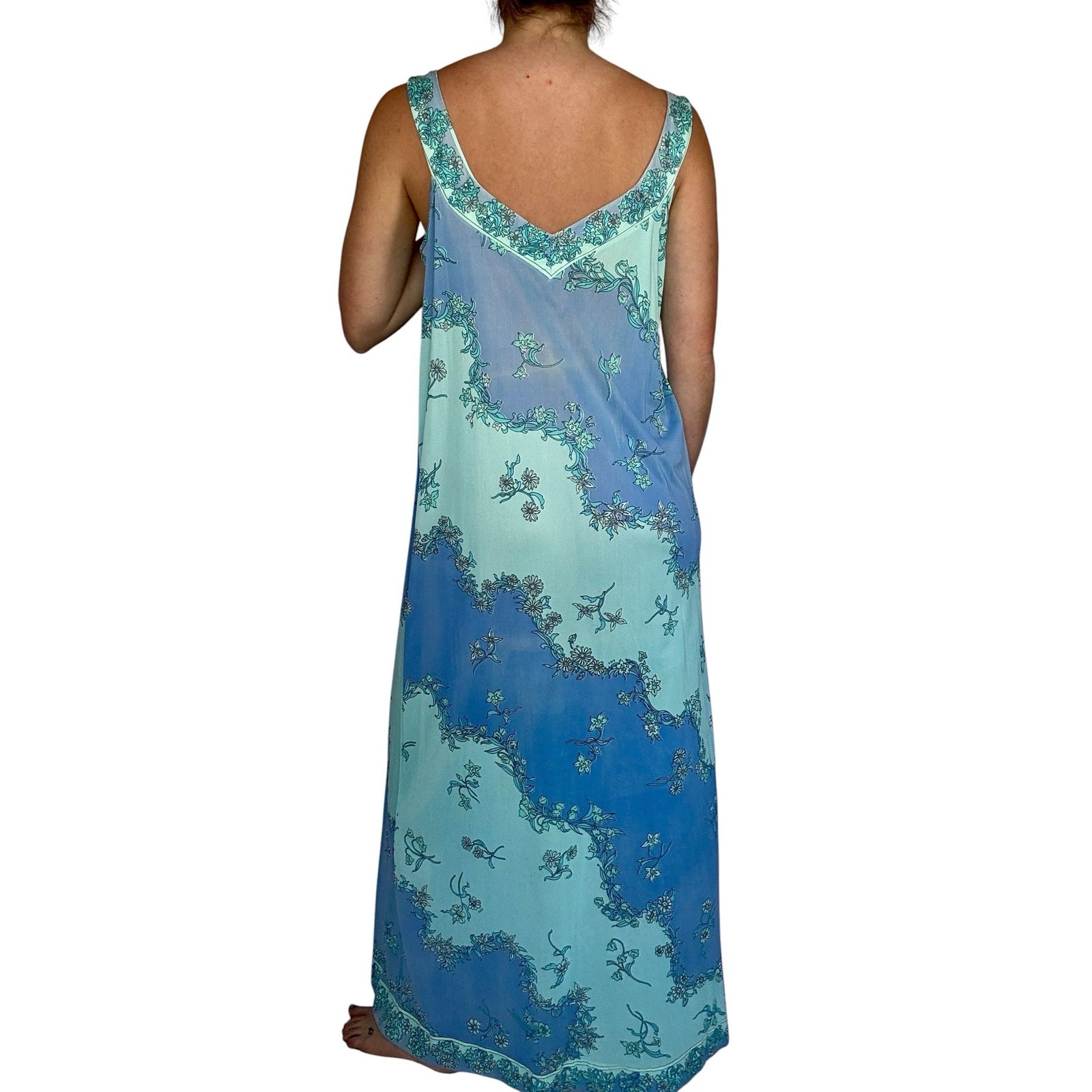 Vintage 1970s EMILIO PUCCI for Formfit Rogers Blue Floral Nylon Maxi Dress Slip