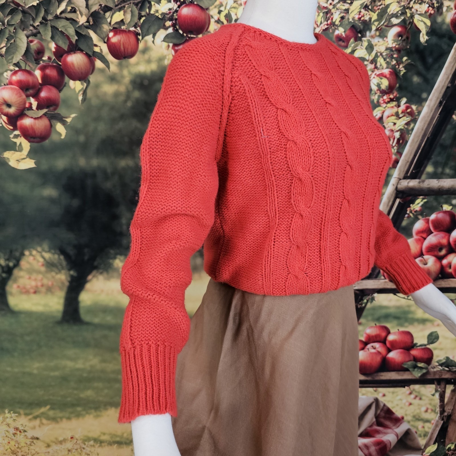 Vintage 1970s Pullover Sweater Orange Red Long Sleeve Cable Knit Retro Cozy