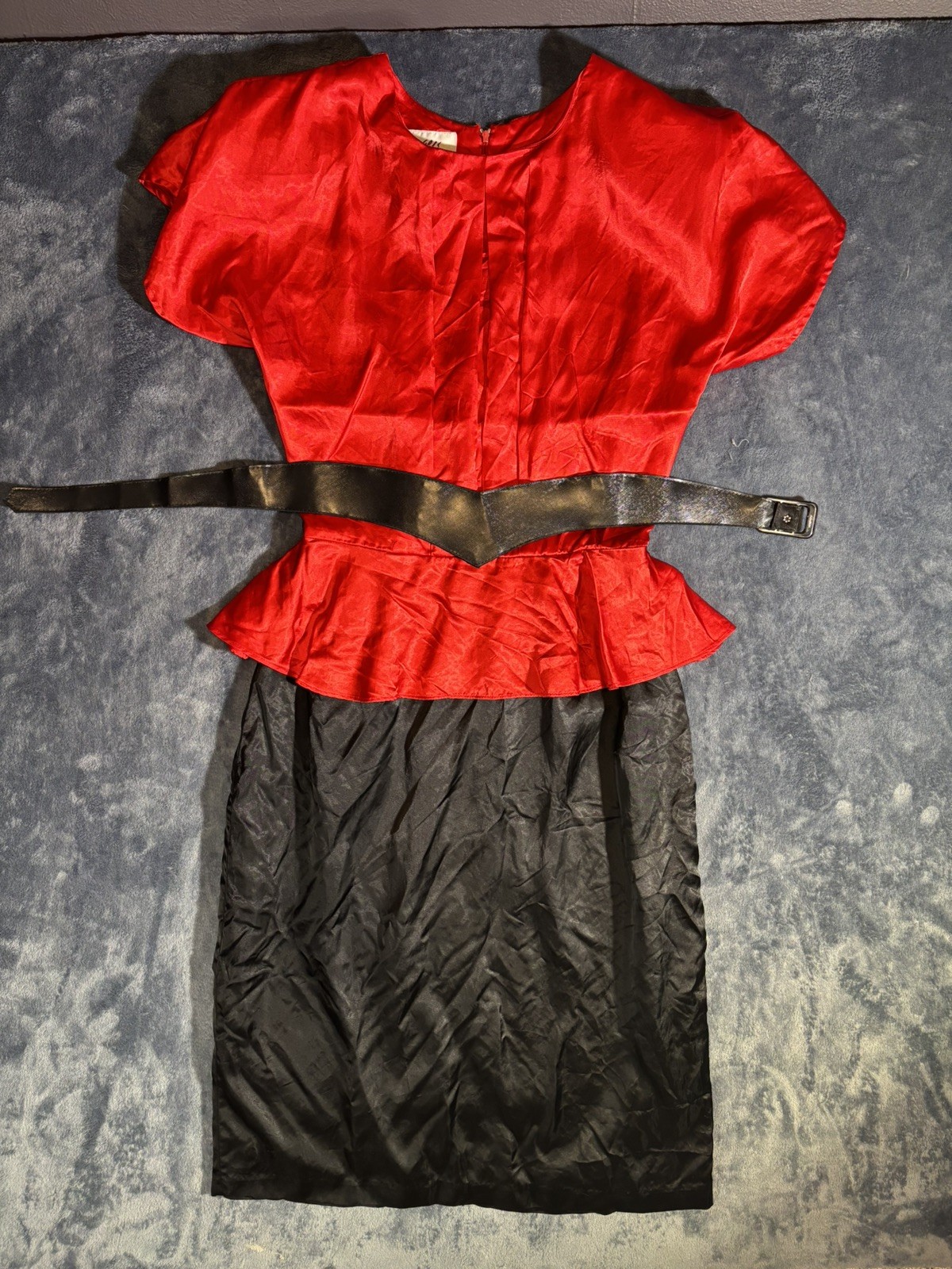 All That Jazz Vintage 80s Red & Black Belted Peplum Cocktail Party Dress 13/14