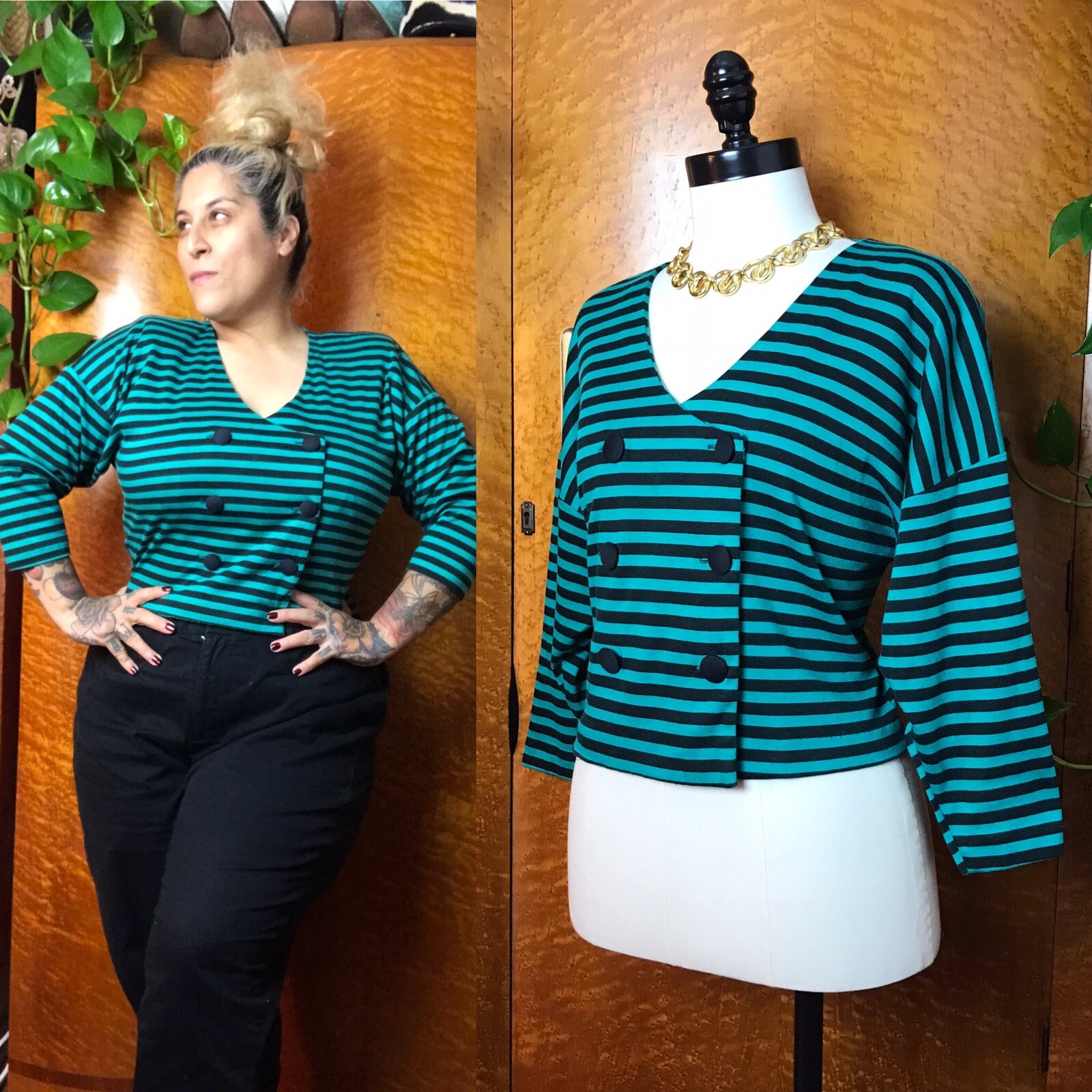 BATWING SLEEVE 80’s 80s Striped Vintage Teal Green & Black Double Breasted Top L