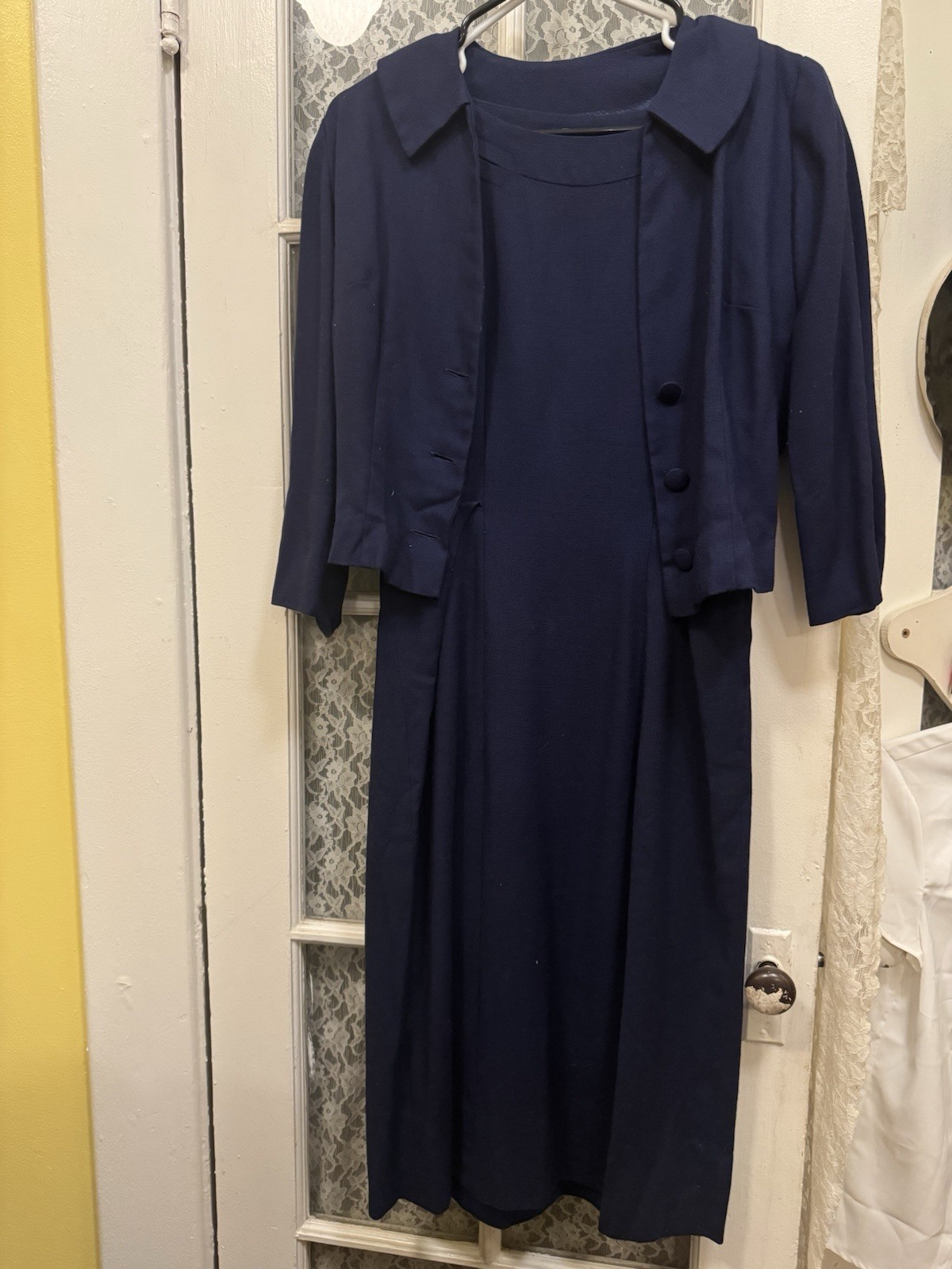 Vintage Handmade Linen Navy Dress & Jacket 36 Bust 24” Waist 33” Hip Hepburn Era