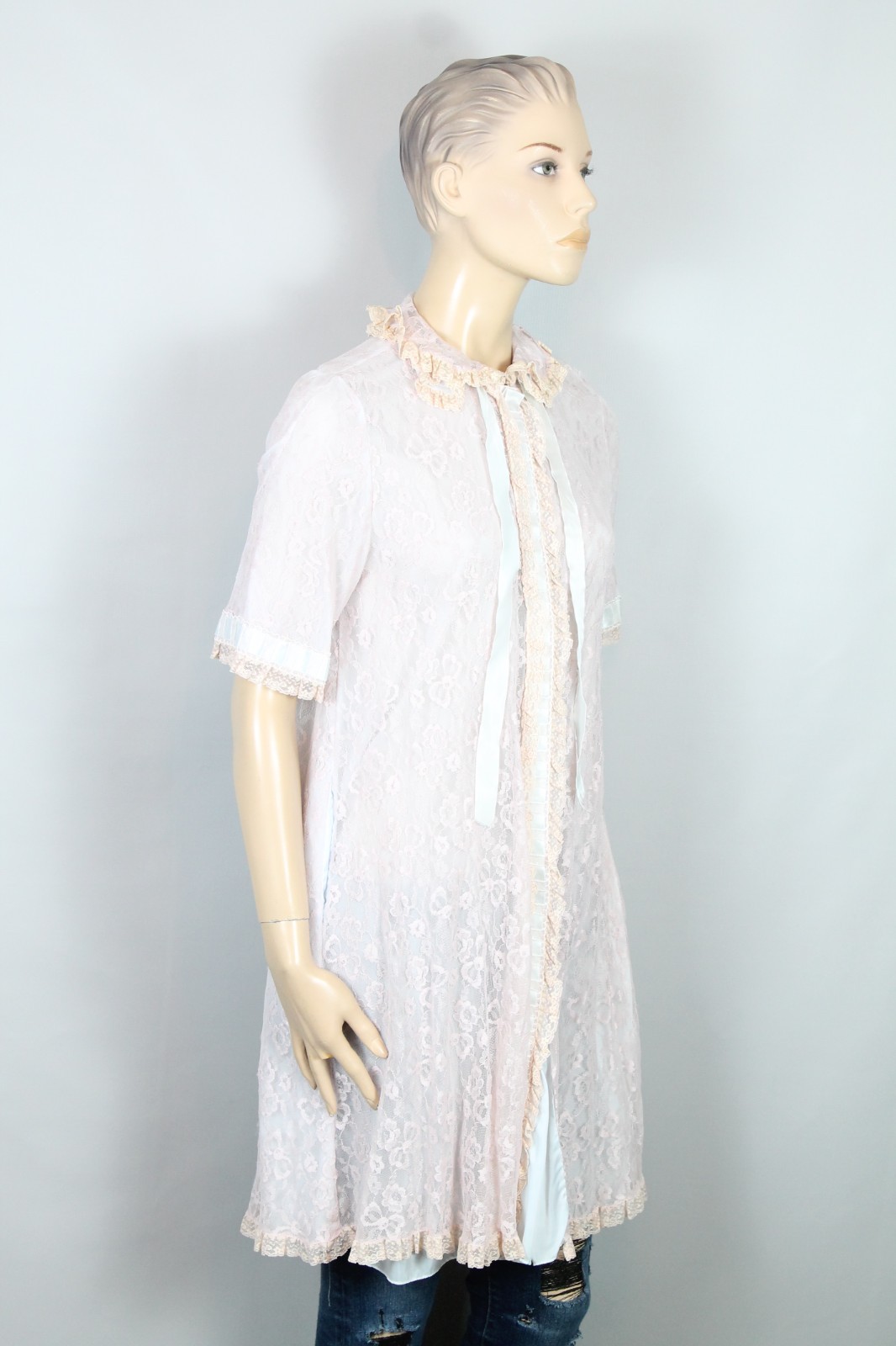 Vtg ODETTE BARSA Blue Pink Ruffles Layered Lace Bed Jacket Dress Robe S