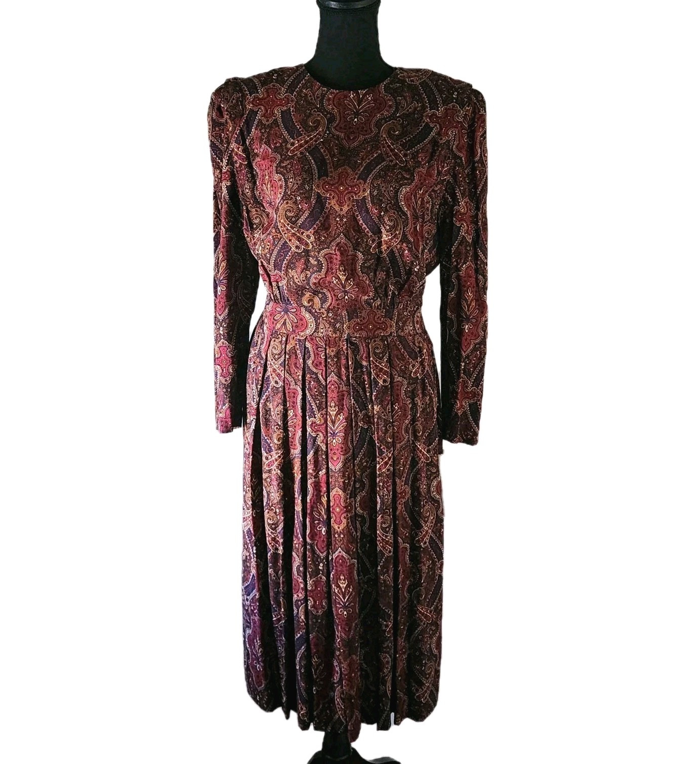 Karin Stevens long sleeve dress paisley pleated 100% rayon size 14 P Vintage 80s