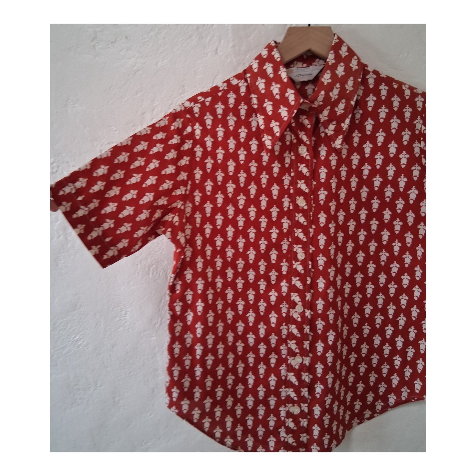 VTG 1950s JCPenney Copper Bronze Button Up Blouse Camp Collar Mid Century Mod