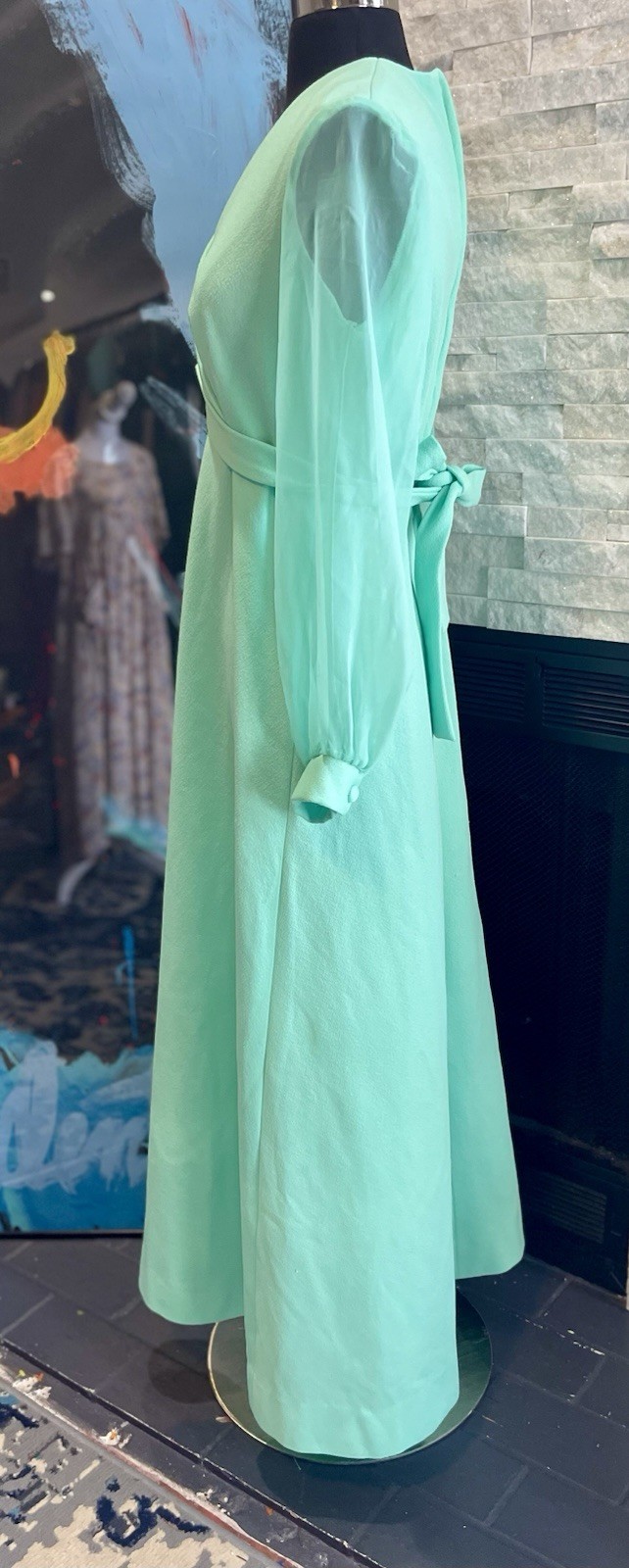Vintage Green 1970s Hostess Dress Sheer Sleeve Belted Tie Maxi Special Occasion
