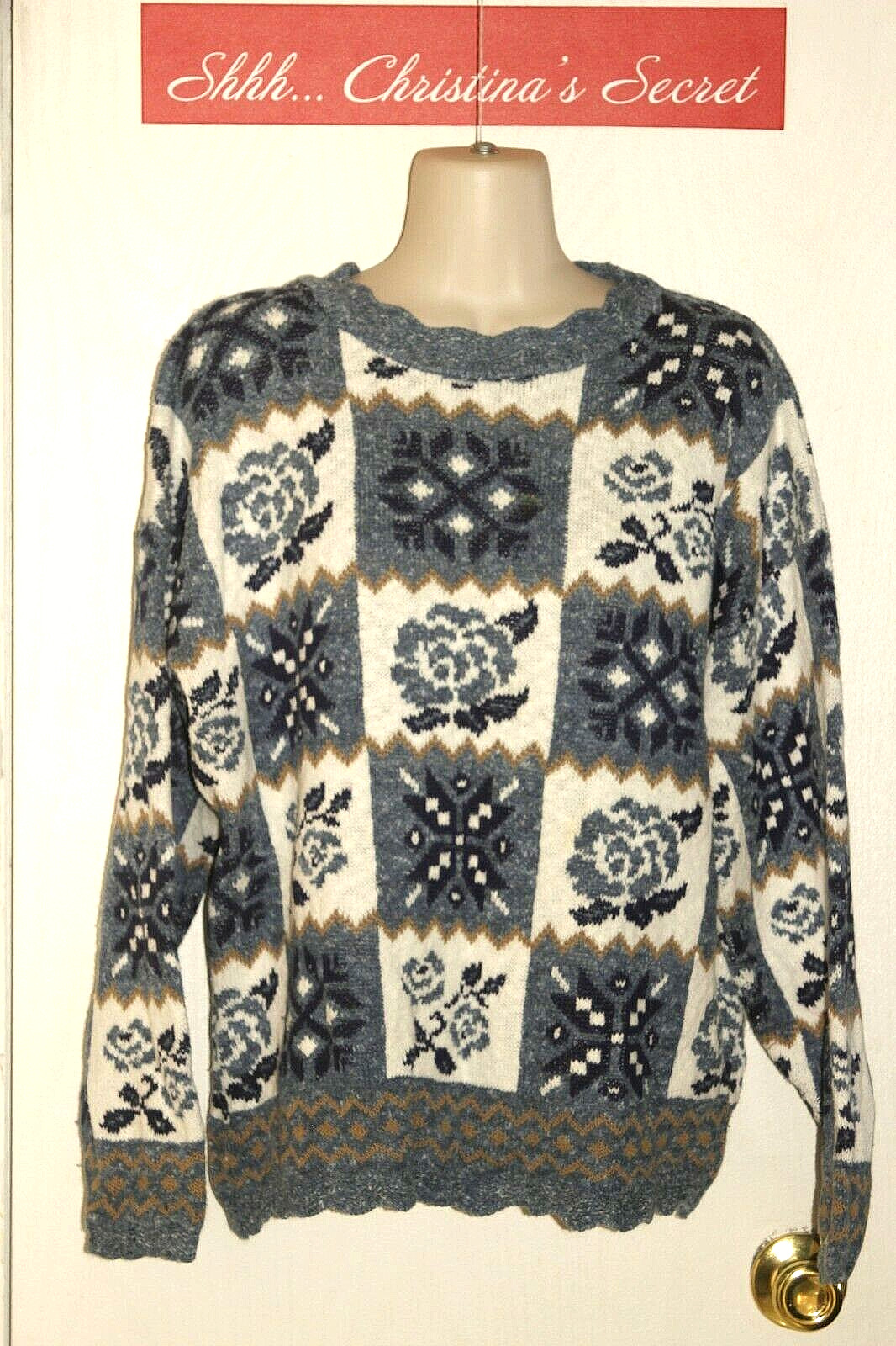 VINTAGE DENIM REPUBLIC Womens Sweater Pullover Cotton Blue White Taupe Sz L-XL