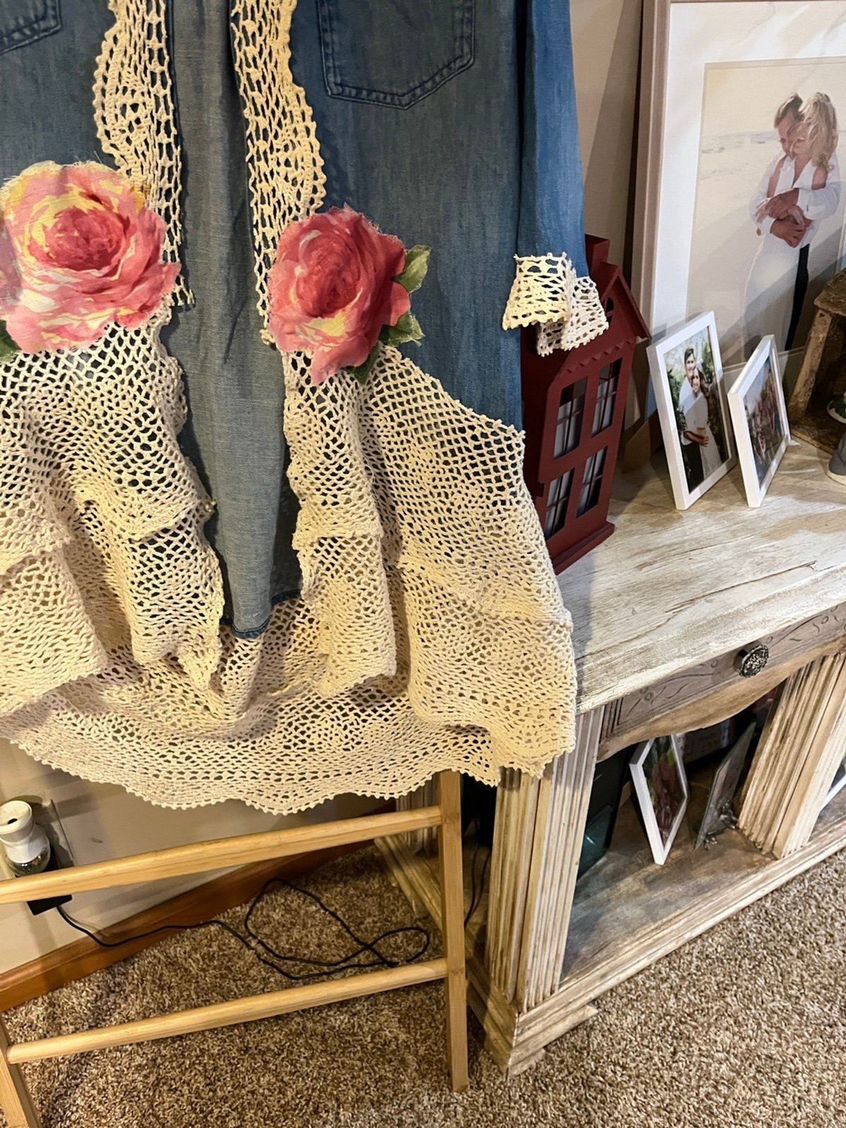 Upcycled by Melissa Denim Lace Jacket Dress Roses Cottagecore