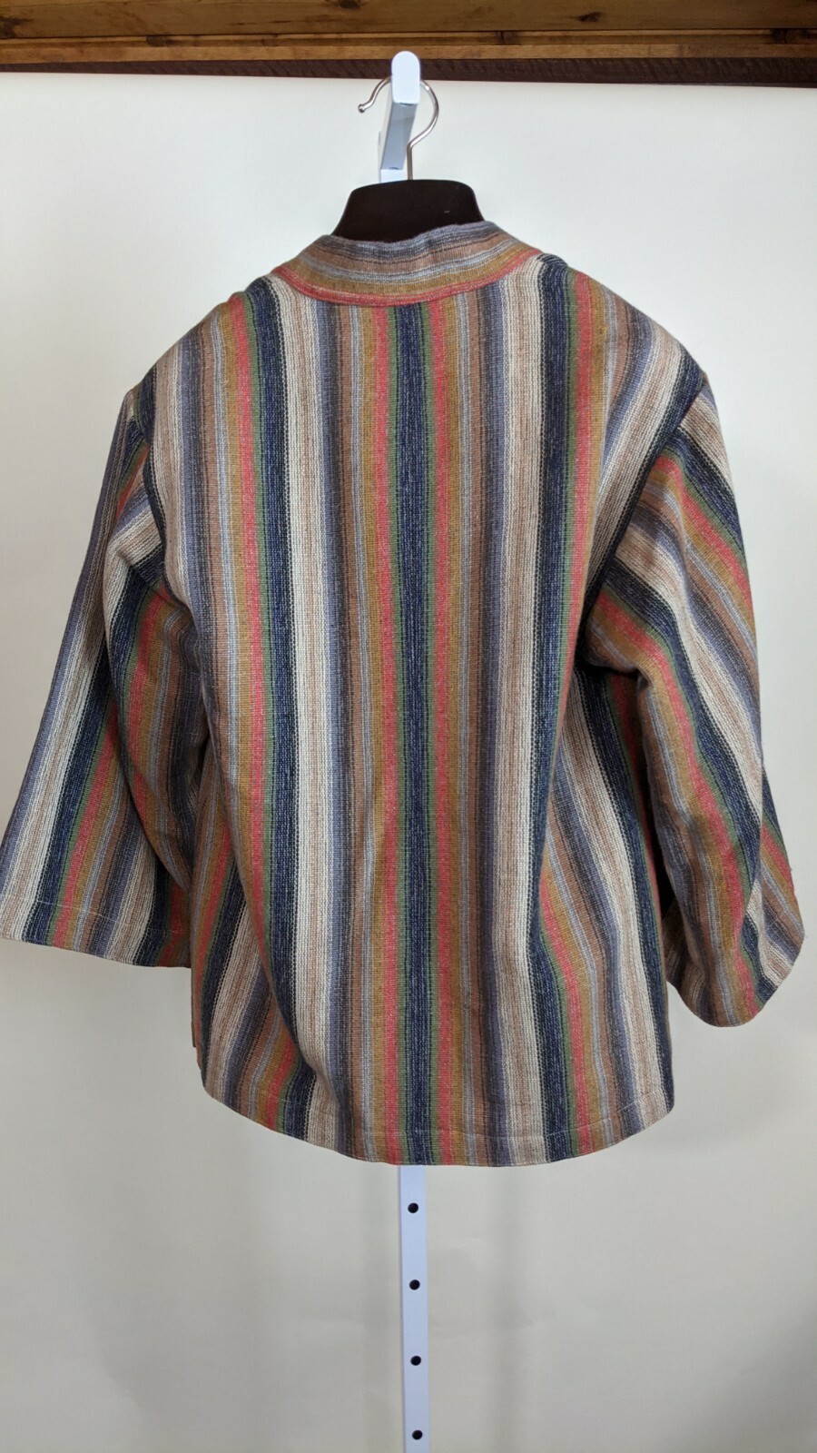 Kenzo Vintage 70s Multicolor Wool Stripe Floral Lining Tie Kimono Jacket France