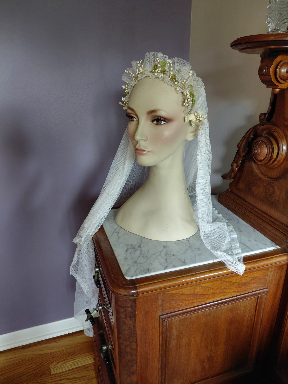 Antique Vintage 1920&rsquo;s Wedding Bridal Veil Wax Orange Blossom Buds Peach Ribbons