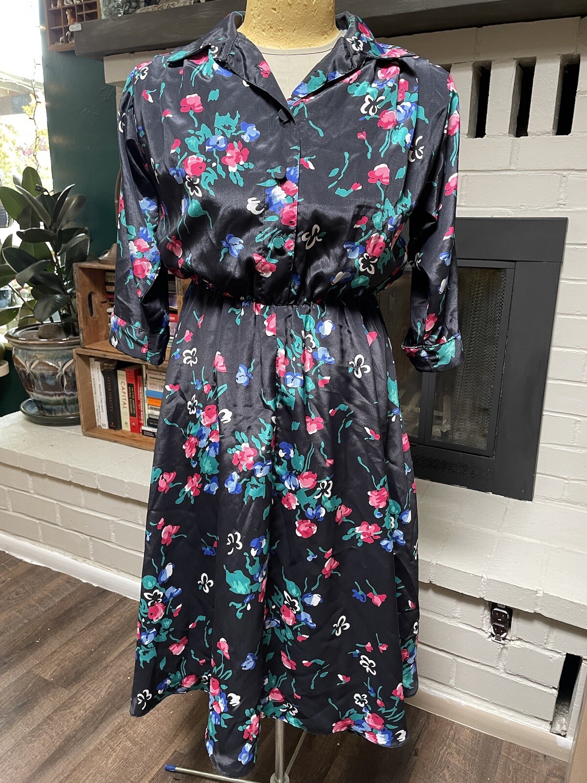 VTG 80s Does 40s Shirt Dress Navy Floral Sz M Stuart Alan