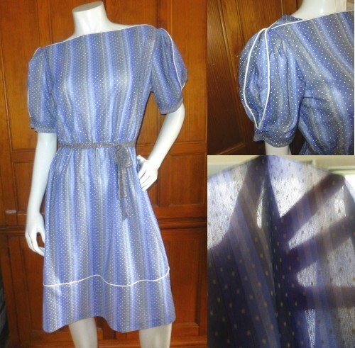 VTG 70s Polka Dot Stripes semi sheer Puff slv Cocktail Secretary Midi Dress L XL