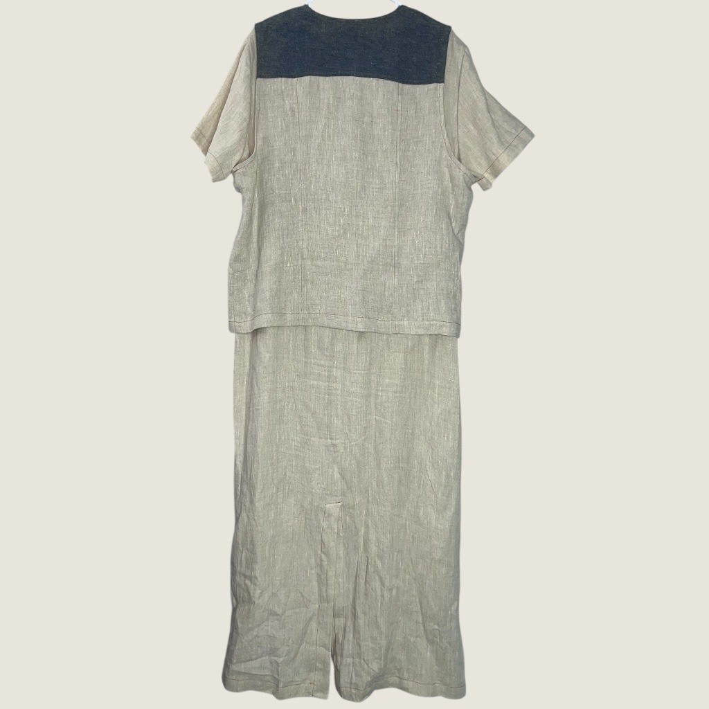 Reminisce Vintage Linen Patchwork Dress & Vest Set XL Boho Artisan Coastal USA