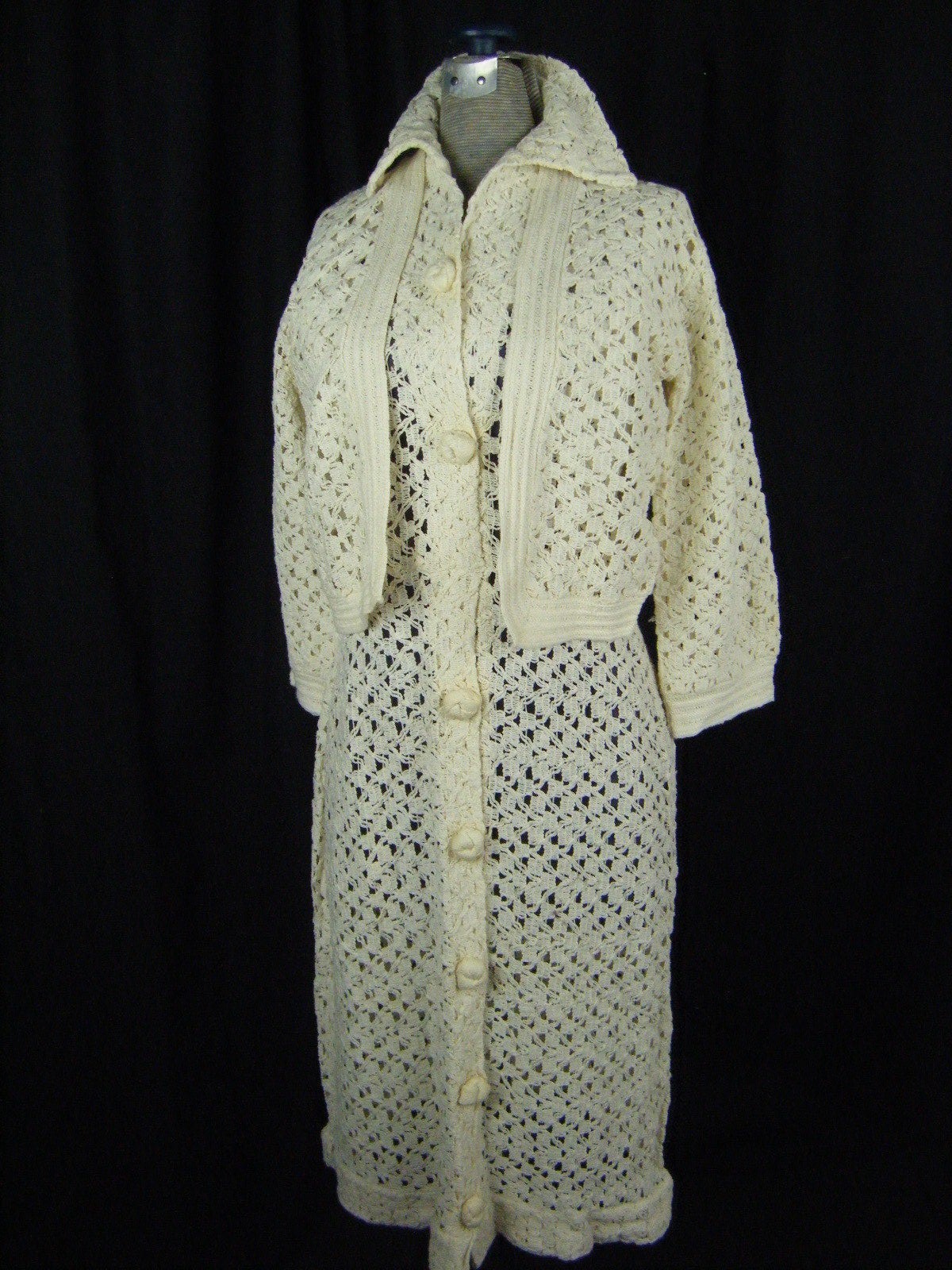 Vtg 40s Cream Eyelet Crochet Cotton/Wool Blend Dress & Cardigan-Bust 36/XS-S