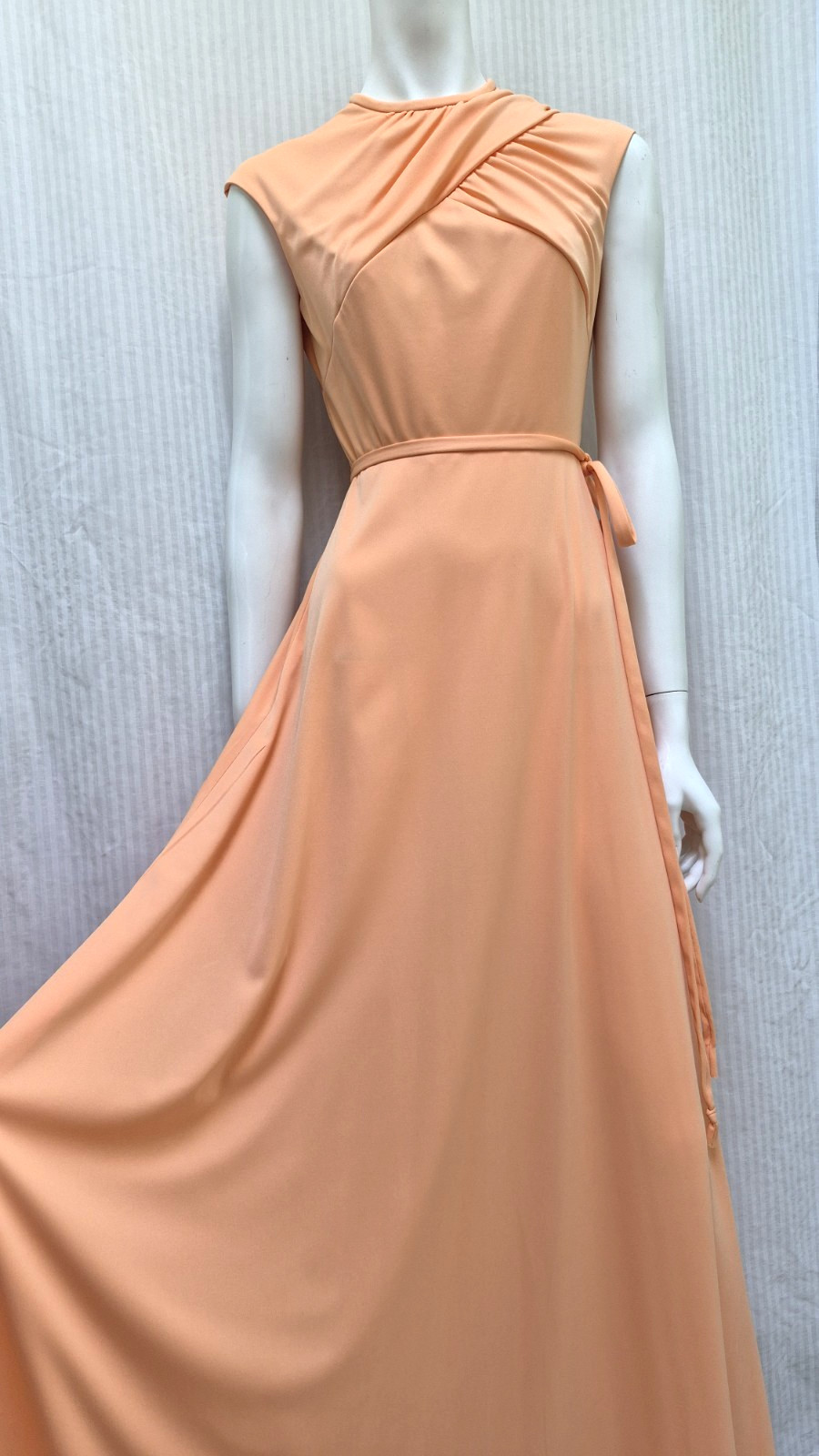 Vintage 1970s HOUSE OF BIANCHI Peach Maxi Dress Disco Jersey – Size S – EUC