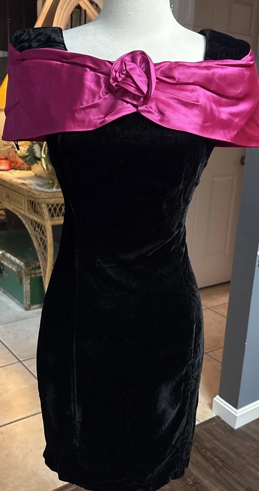 Vintage 80s 90s Mini Dress Black Velvet Pink Satin Cocktail Party Evening USA