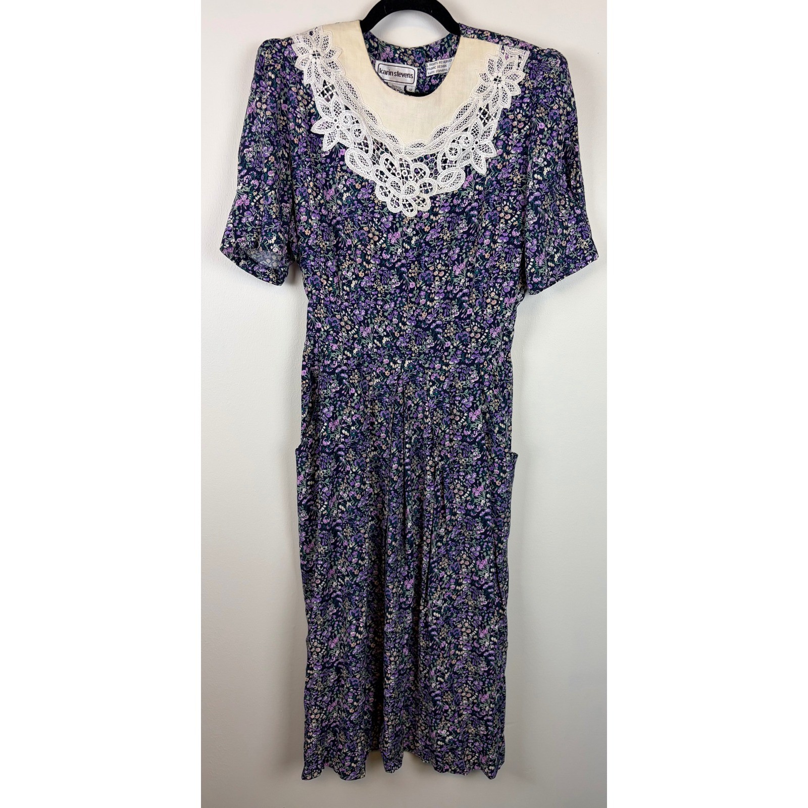 Karin Stevens Dress 12 Purple Floral Vintage 90s Lace Collar Cottagecore Midi