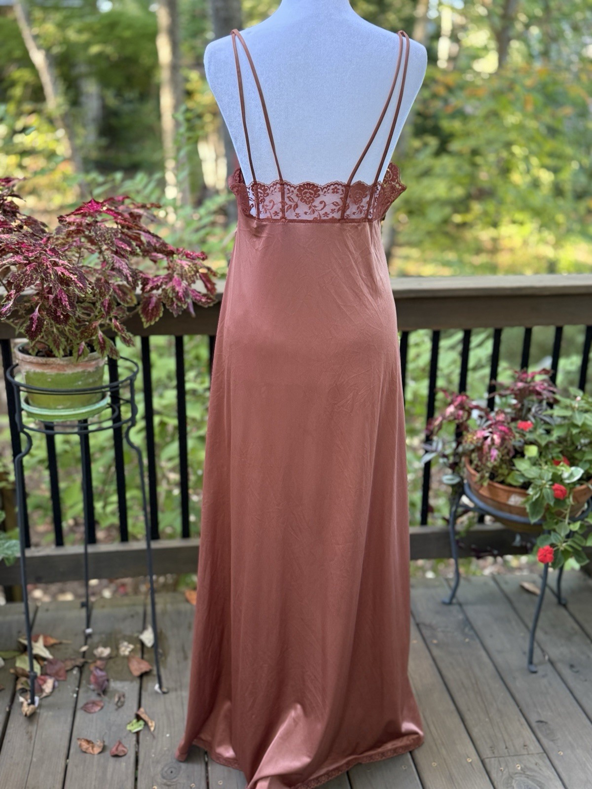 Vtg New Nightgown Long Goddess Pinehurst 70s Inset Lace UNIQUE Copper Brown M 36