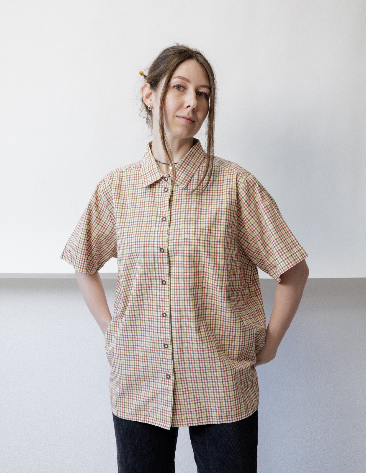 Vintage 90s Tattersall Check Plaid Short Sleeve Button Up Shirt Women&rsquo;s L Oversi