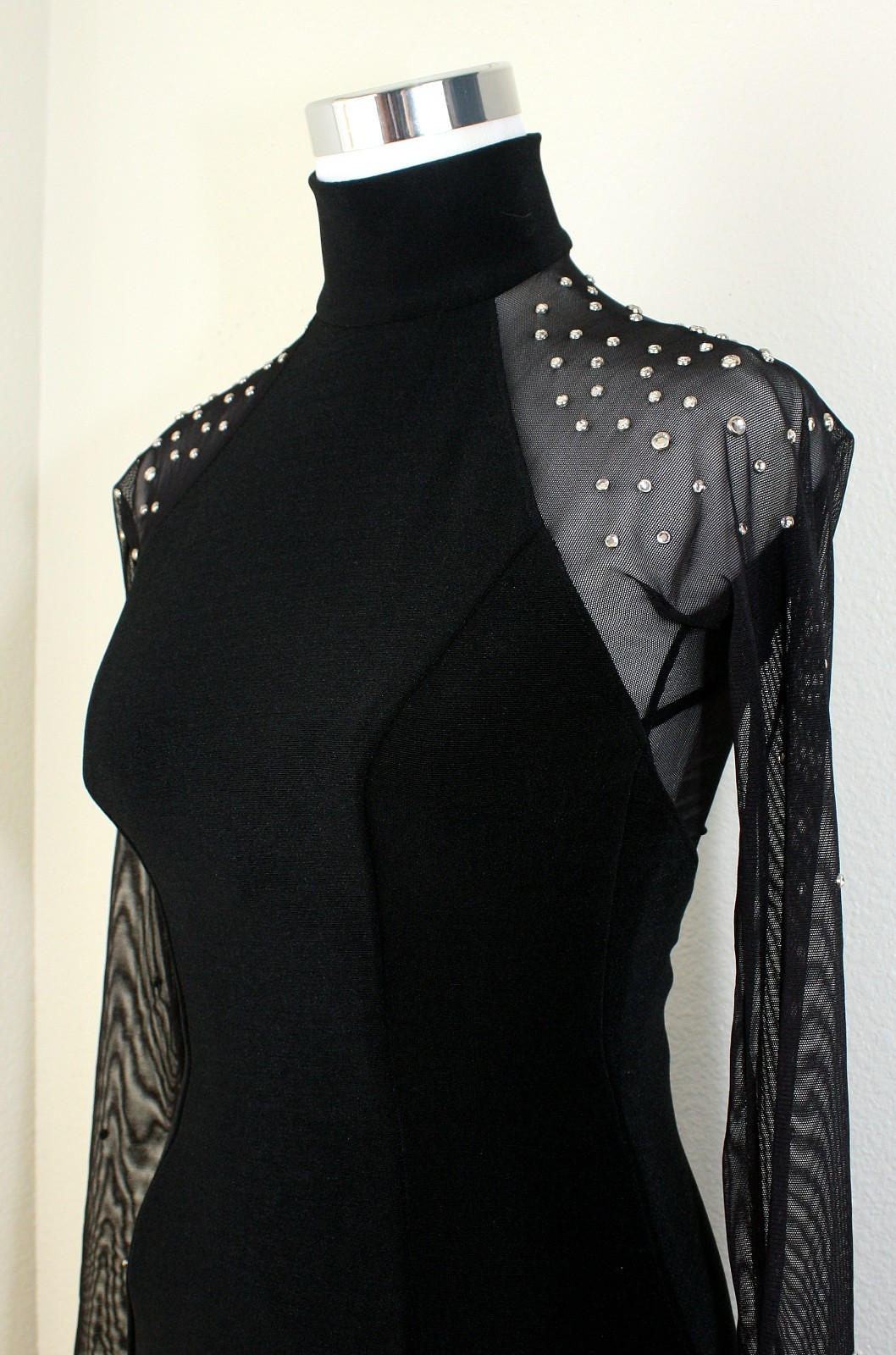 Goth VTG Y2K TADASHI For CACHE Maxi Dress S Black Knit Mesh Rhinestones Fairy *