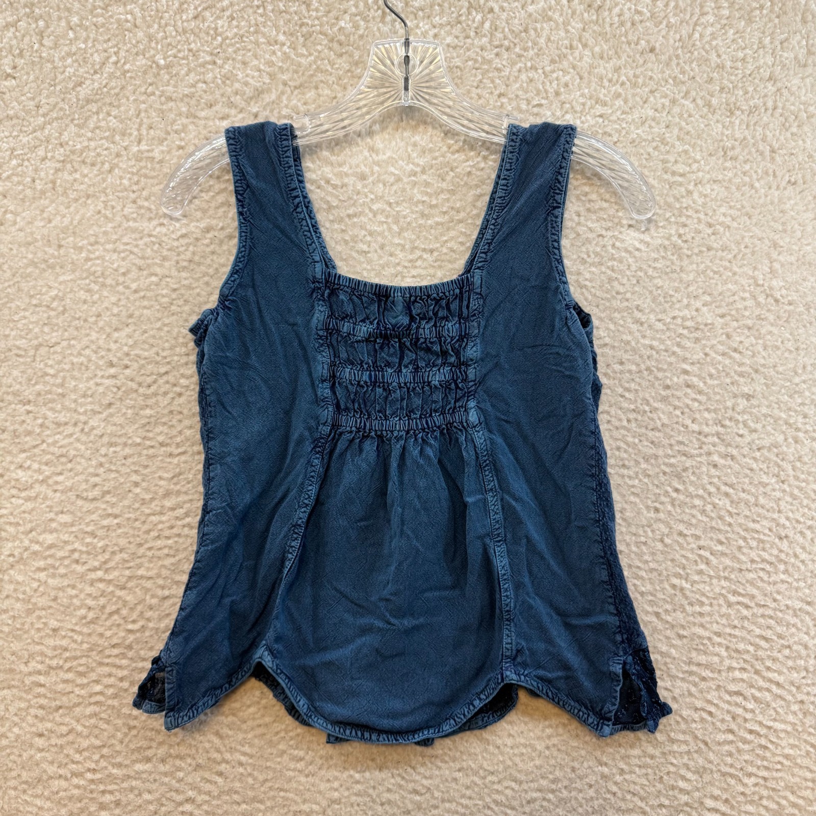 Y2K Vintage Top Small Blue Chambray Embroidered Floral Boho Bohemian Hippie