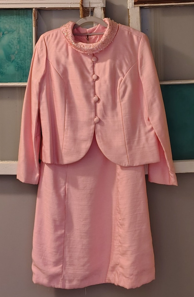Vtg 60s ILGWU Original Miss Theme New York Pink Beaded Dress Suit Jackie O Style