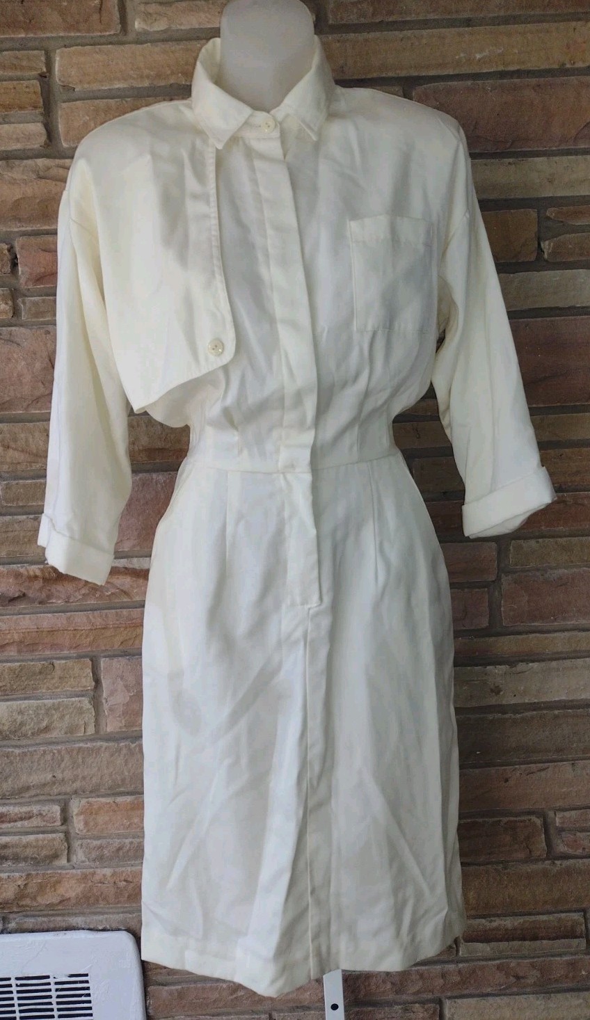 Vintage 80s Cream Shirt Dress Minimalist Career Office Midi USA Talon Zip 7/8