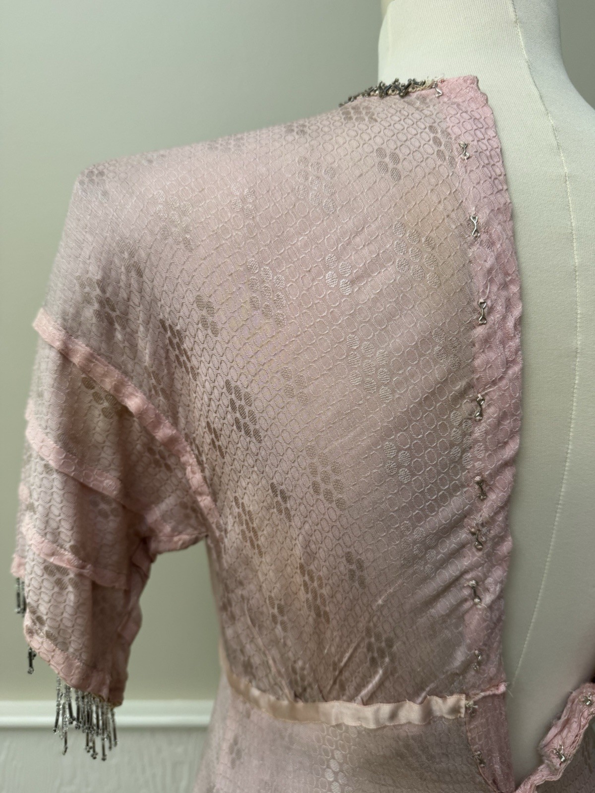 Vintage 1920s Pink Silk Jacquard Flapper Dress Soutache Bugle Bead Fringe Deco