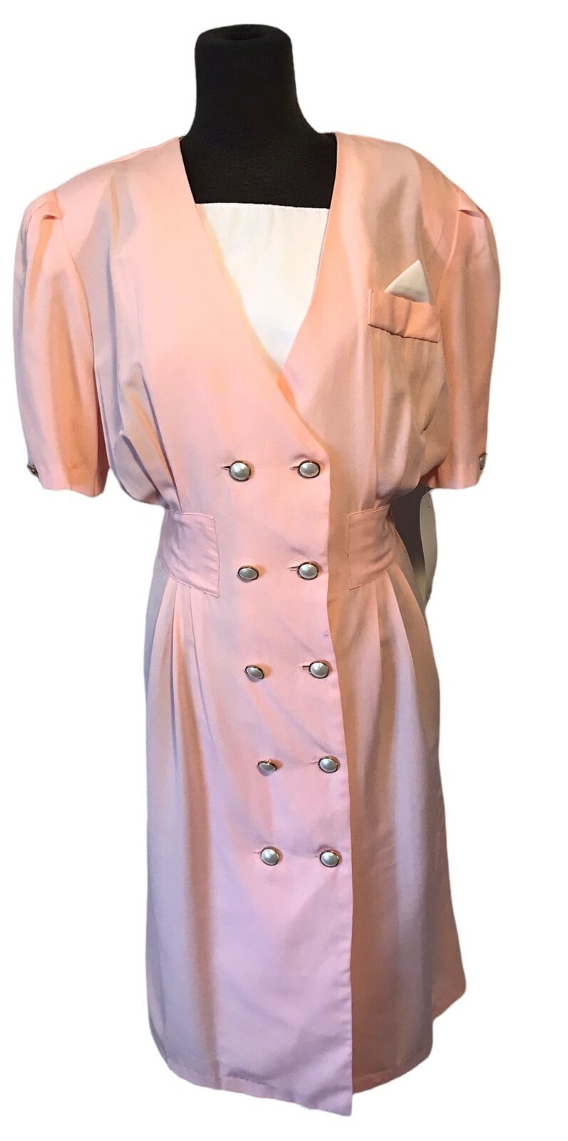 Womens Vintage Spring Easter Church DRESS Pink Button Front Wide Shoulder NWT 12
