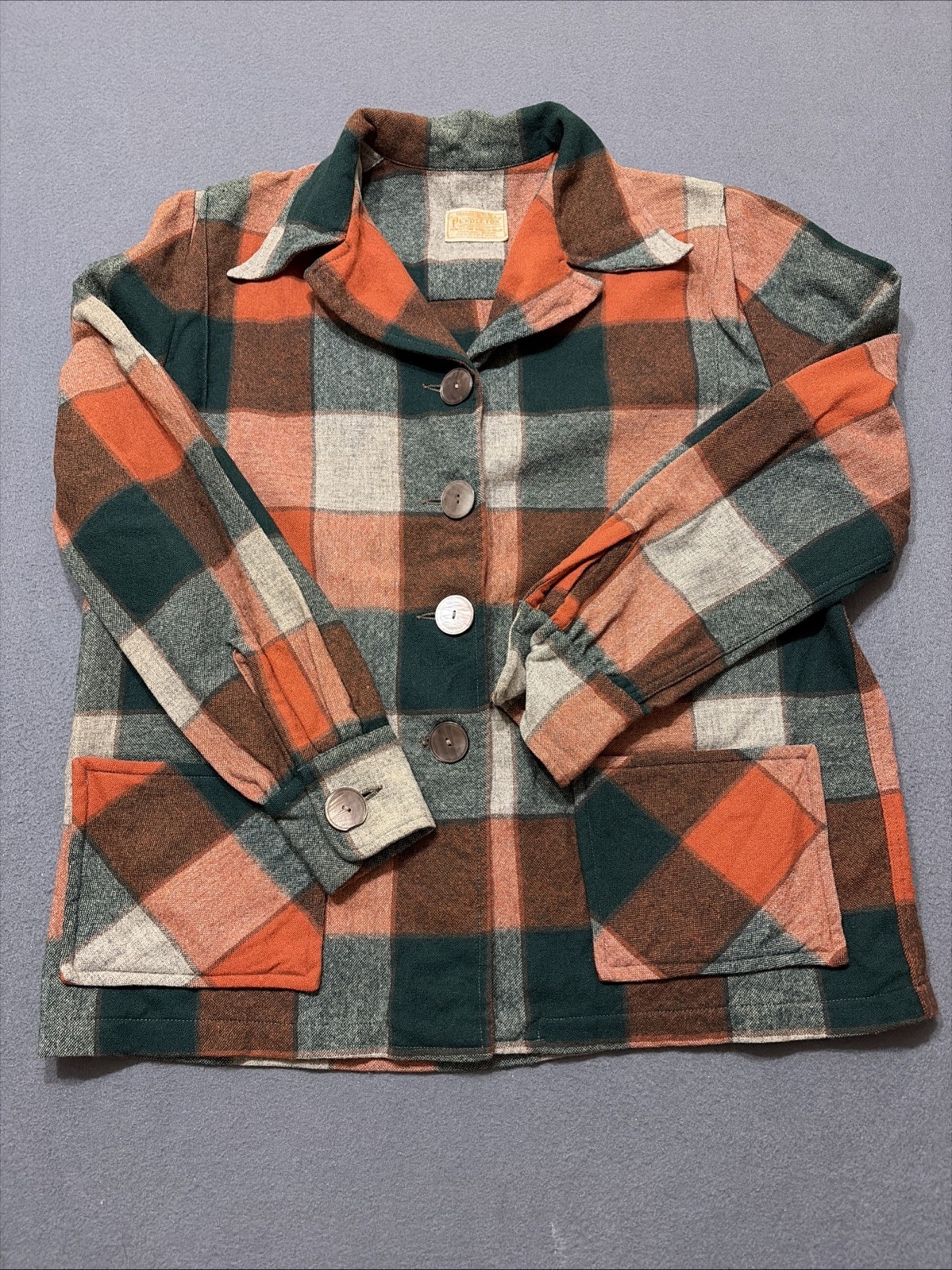 Vintage 50s Pendleton 49er Wool Rare Autumn Orange Green Plaid Chore Coat LG