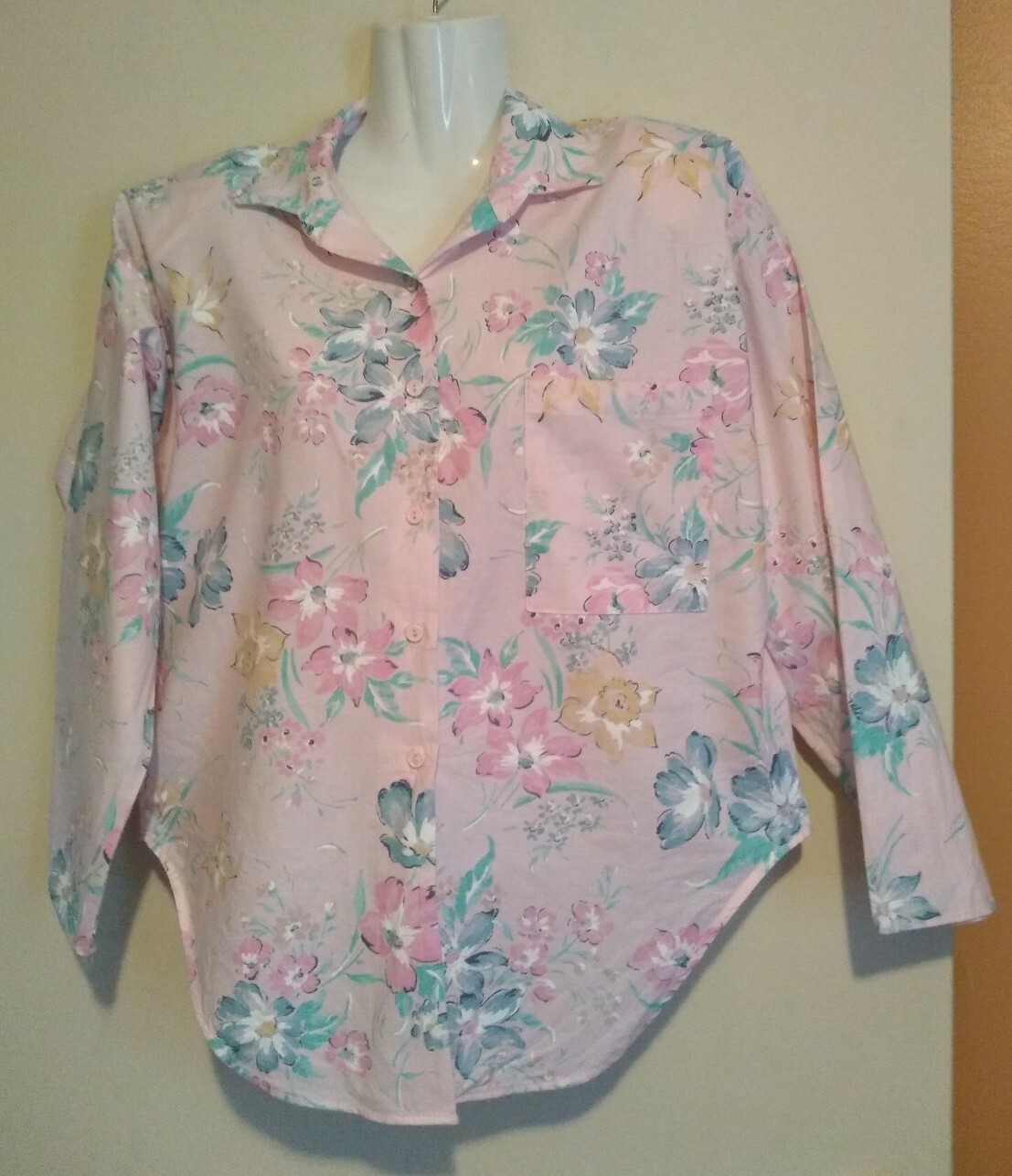 Vintage Stefano Women&rsquo;s Pink Multi-Color Floral Dolman Sleeve Shirt Size Large