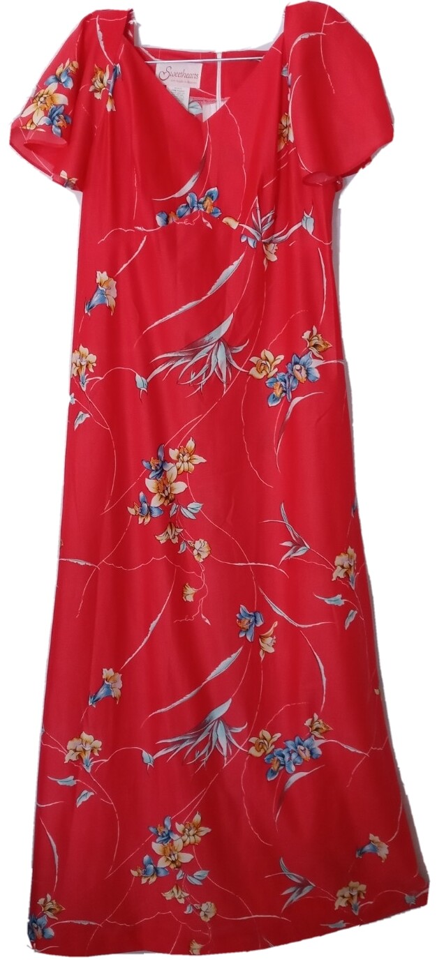 Sweethearts Dress S/M Red Floral Polyester Angel Sleeve Vtg Maxi Muu Muu Hawaii