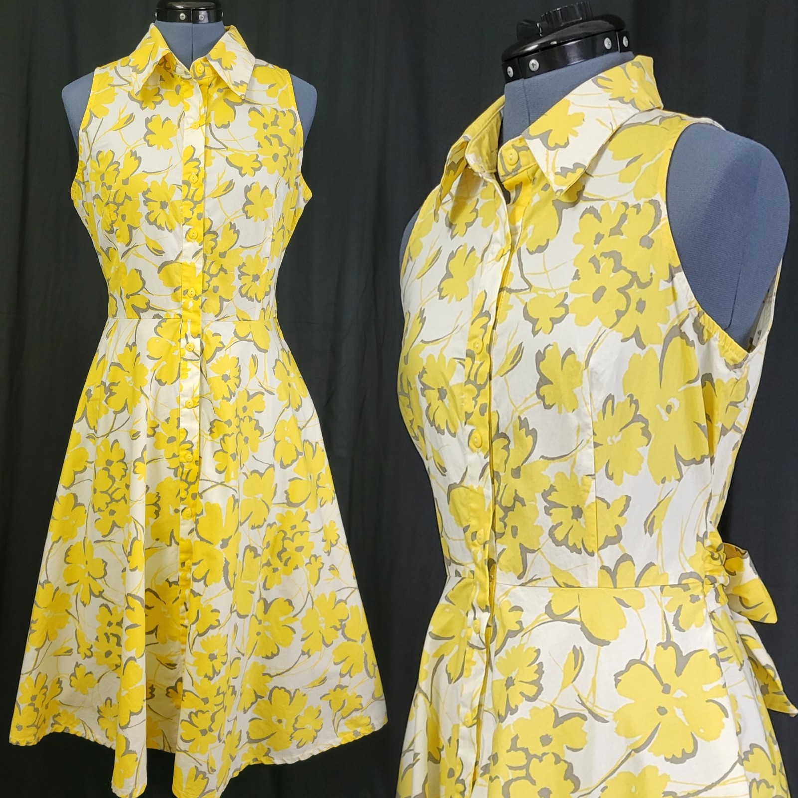 Vintage Karin Stevens White/Yellow/Grey Floral S/L Shirt Dress w Tie Size 10P
