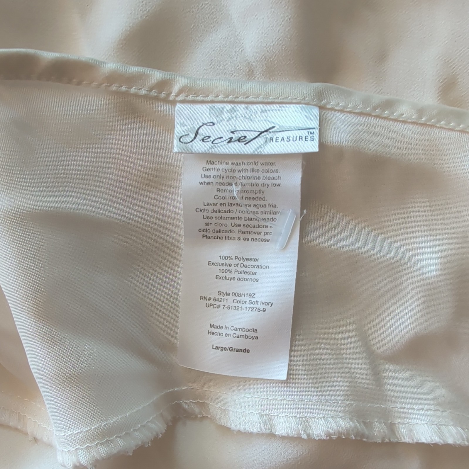 Secret Treasures Ivory Polyester Satin Slip Chemise Lace Trim Lingerie Size L