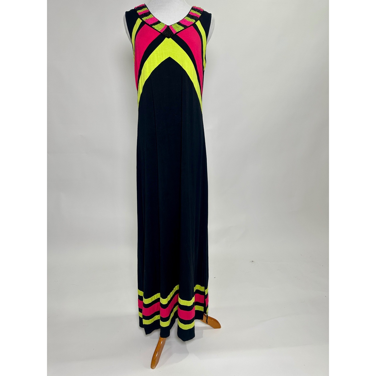 Vintage Variations 90s Y2K Beaded Color Block Jersey Maxi Dress Neon Pink Lime M