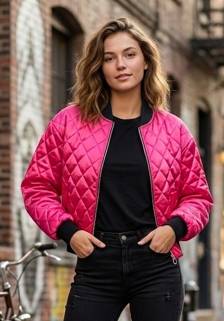 2XS Vintage 80&rsquo;s Neon Hot Pink Puffer Quilted GLAM ROCK Bomber Jacket S/M