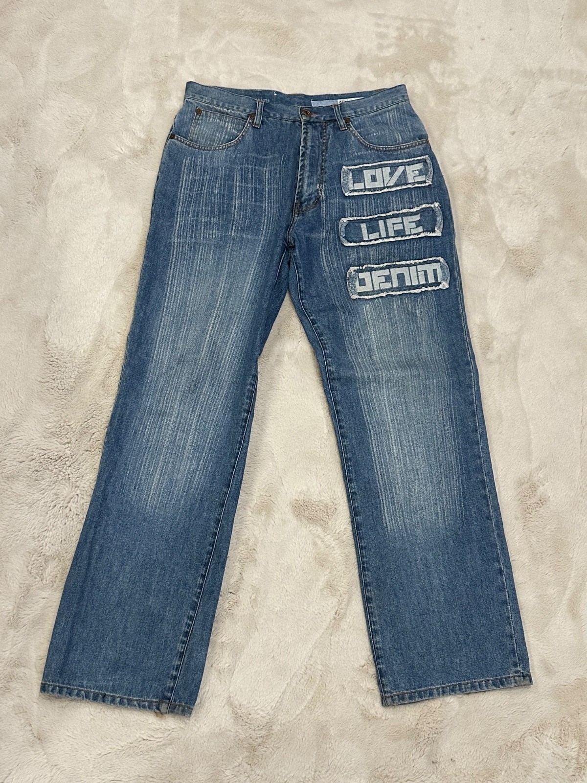Rare Vintage Y2K Azzure Jeans Love Life Denim Wide Leg Distressed Jeans 34×34