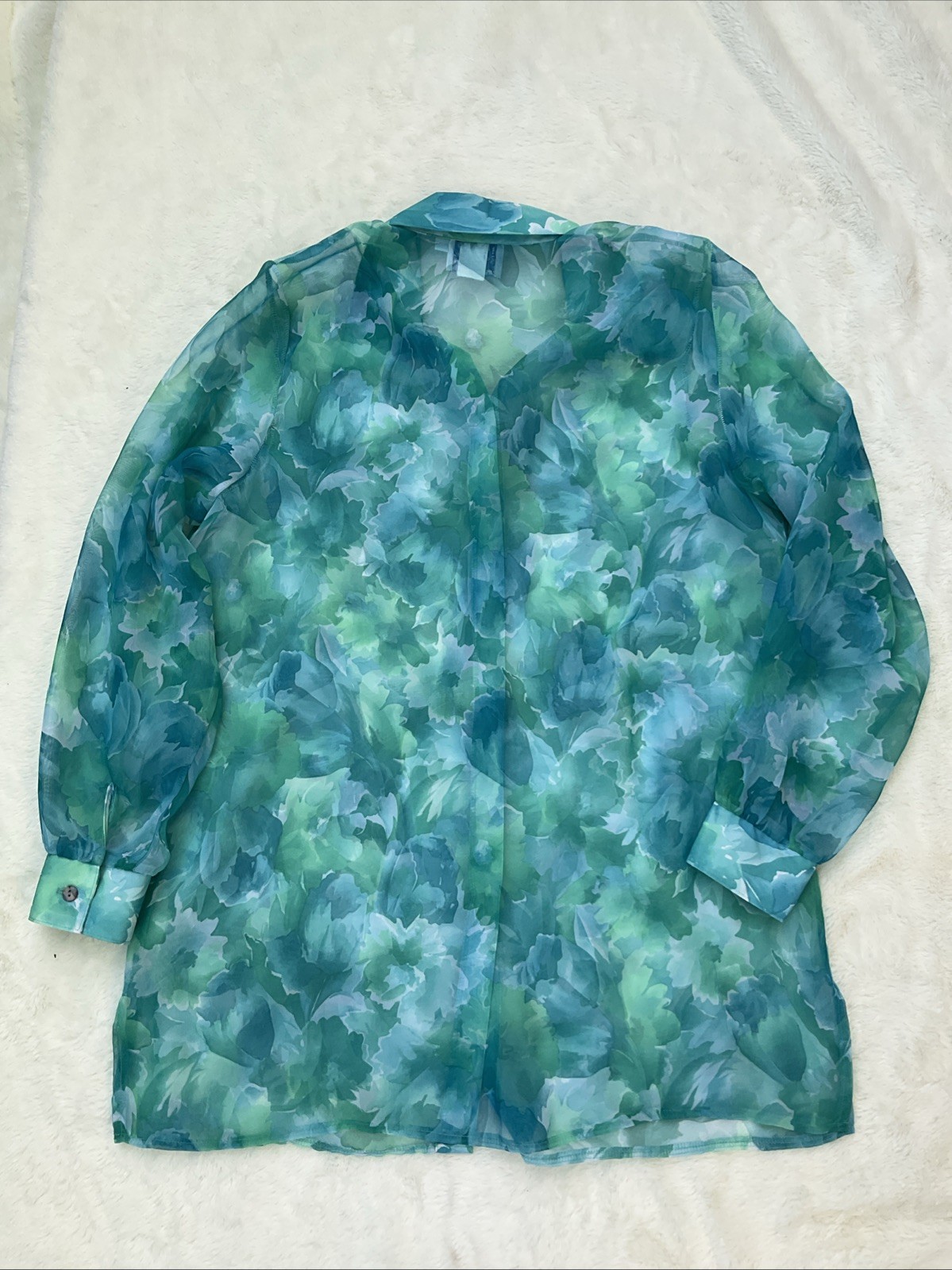 Vintage Lighthouse Point Coastal Grandma Sheer Floral Blouse Button-Up Sz L