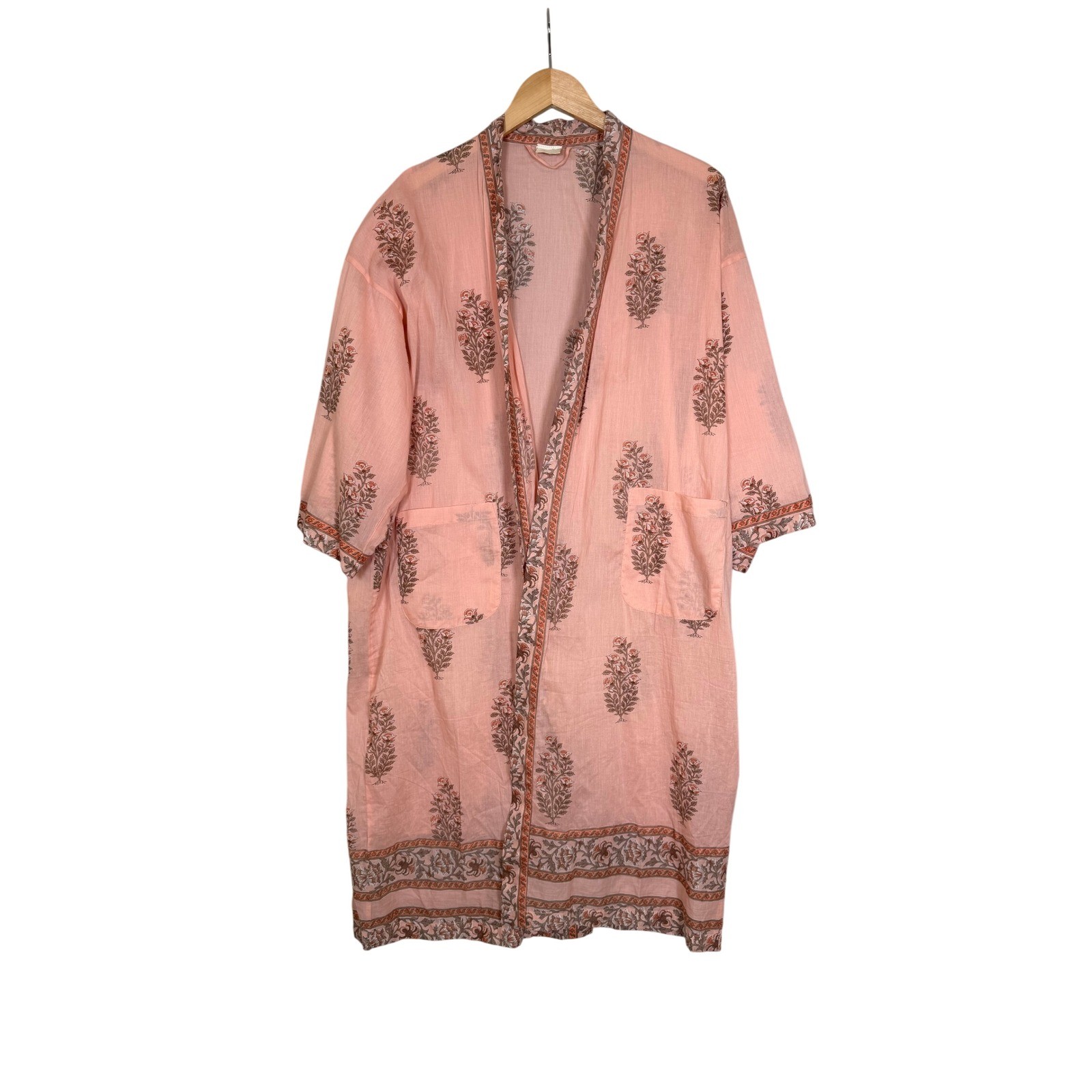 Handprint Robe One Size Peach Block Print Cotton Kimono Swim Cover Open Front